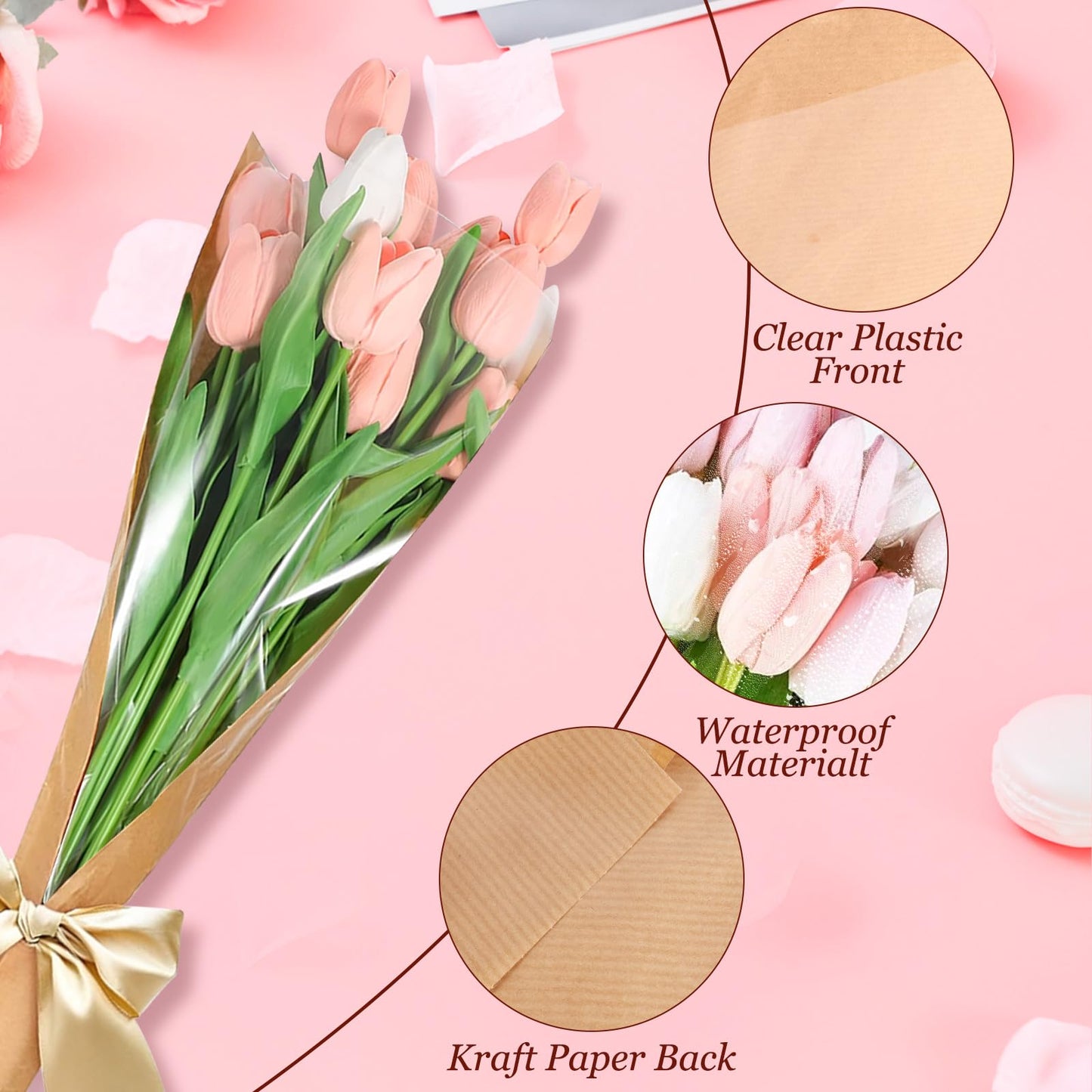 PIKBIU 50PCS Flower Bags for Bouquets Kraft Paper Flower Sleeves Wrapping Paper Clear Front Floral Bags Florist Wrap Supplies 24.8 x 8.7 Inches
