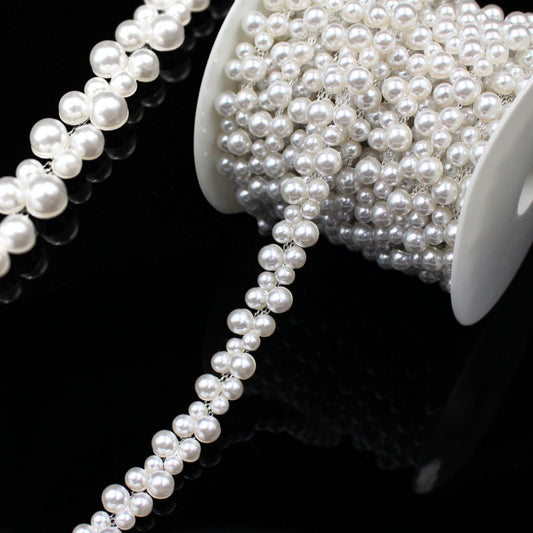 1 Yard Pearl Trim Chain String Silver Applique Fringe Ribbon Strips Beads Sewing Dress DIY Party Wedding Bouquet for Decoration Bridal Costume Embellishment