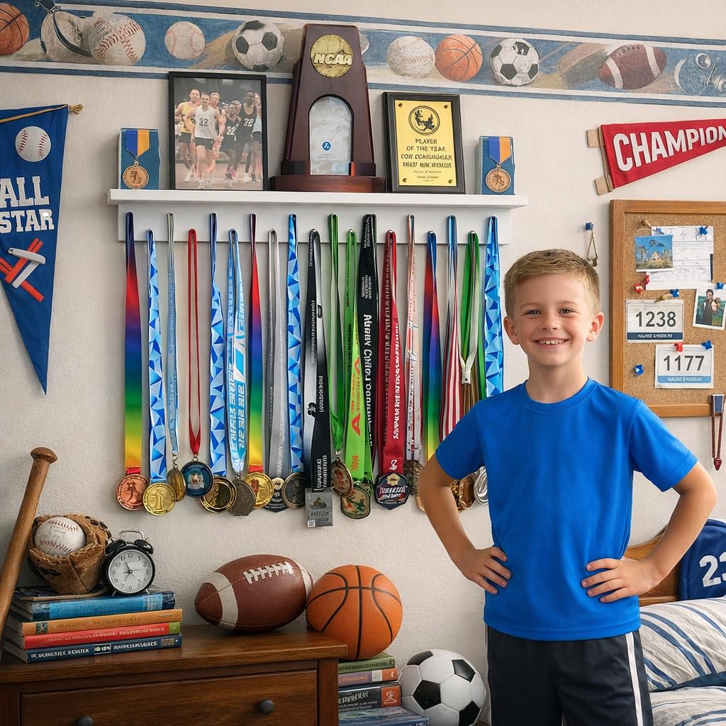 MedalAwardsRack Premier Medal Hanger Display Rack and Trophy Shelf for Gymnastics, Soccer, Basketball, Football, and More – 2, ft - White