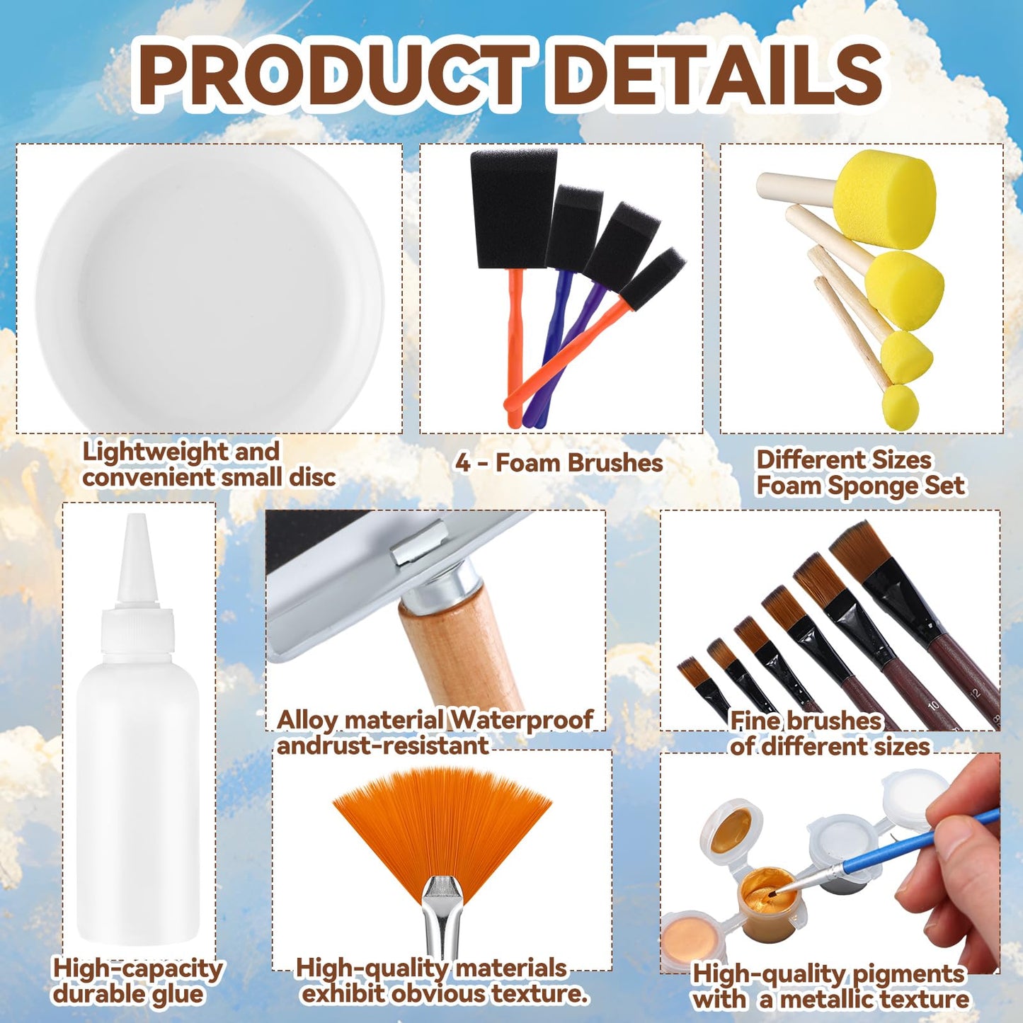 Lerheedi 20 Pcs Essential Decoupage Tool Set 4 Foam Brush 4 Decoupage Brushs 6 Nylon Hair Brushs 1 Glue Palette Rubber Roller Acrylic Pen Acrylic Semi Circular Brush Kit for DIY Art and Craft Project