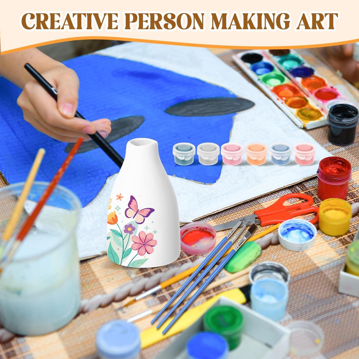 Fuyoooo 6 Sets Father's Day Paint Your Own Vases Ceramic Vase to Paint Unpainted White Vases Ceramic Painting Kit for Adult with Brush Underglaze Paints Palettes for Porcelain Vase Decorating Kit DIY