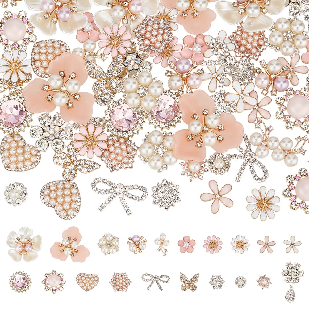 PH PandaHall 20 Styles Rhinestone Cabochon 60PCS Faux Pearl Embellishments Flat Back Butterfly Heart Bowknot Cabochon Flower Enamel Brooch for Jewelry Making Clothes Bags Hair Accessory Wedding