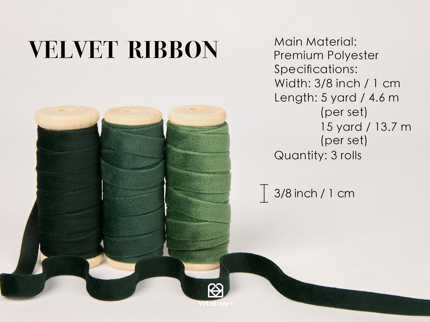 Vitalizart Green Velvet Ribbon 3/8" x 15 Yd Fabric Trim 3 Rolls * 5 Yd for Christmas Wreath Decoration Handmade Craft Ornaments Gift Wrapping & Bow Making Dark Forest