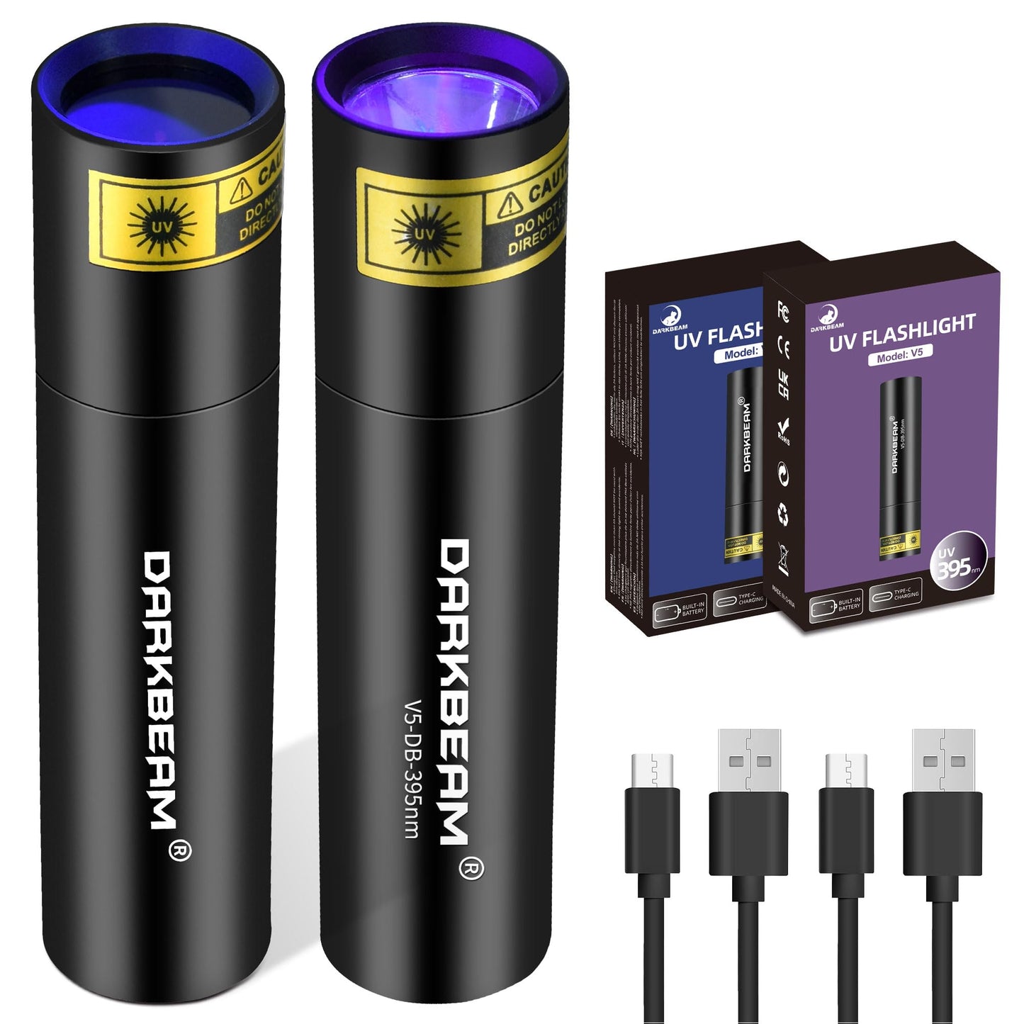 DARKBEAM UV Flashlight 365nm Light and 395nm Blacklight, Mini Powerful Woods Lamp USB-C Rechargeable, LED Ultraviolet Flashlights Pet Urine Detector for Rock, Uranium Glass, Resin Curing, 2 Pack