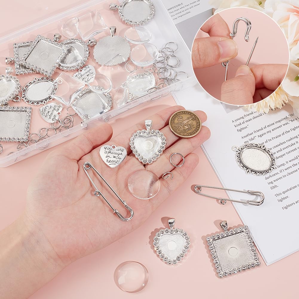 UNICRAFTALE 4 Sets 4 Styles Wedding Bouquet DIY Photo Charm Bouquet Memorial Bridal Charm Oval Round Pin Brooch Making Kit Heart Memorial Locket Cabochon Pendants for DIY Wedding Party Bridal Shower