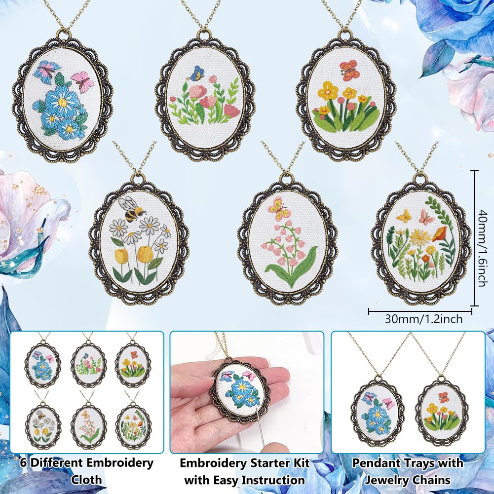 INFUNLY 6 Sets DIY Flower Embroidery Pendant Kit with Chains for Adult Beginners Insect Embroidery Necklace Kits with Instructions Floral Necklace Starter Cross Stitch Kit for DIY Art Craft Women Gift