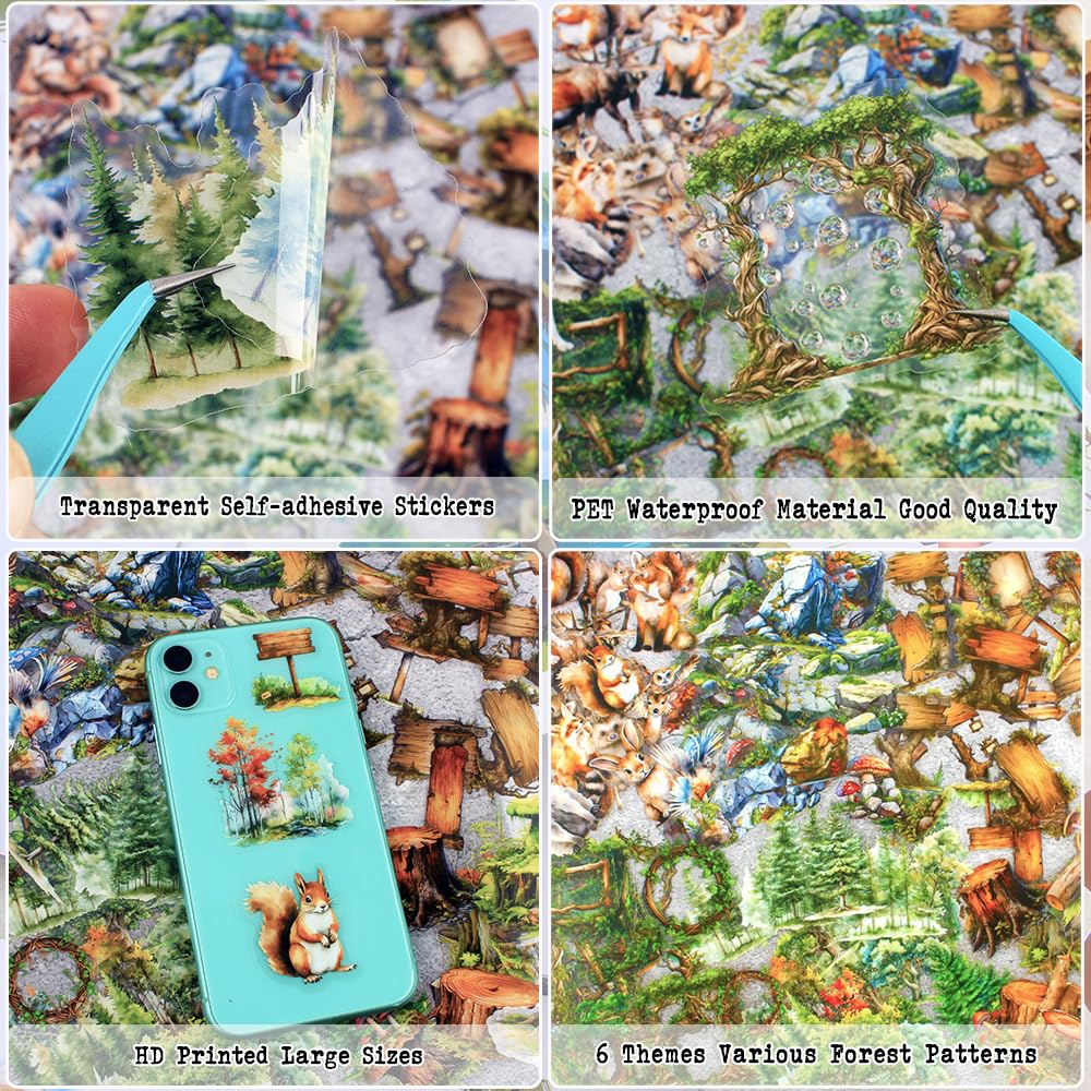 Dwpetzo 150Pcs PET Forest Landscape Stickers for Journaling and Scrapbooking, 6 Themes with Pine Trees Woodland Animals Wooden Stumps Moss Nature Scene Stickers for Junk Journal Supplies, Collage
