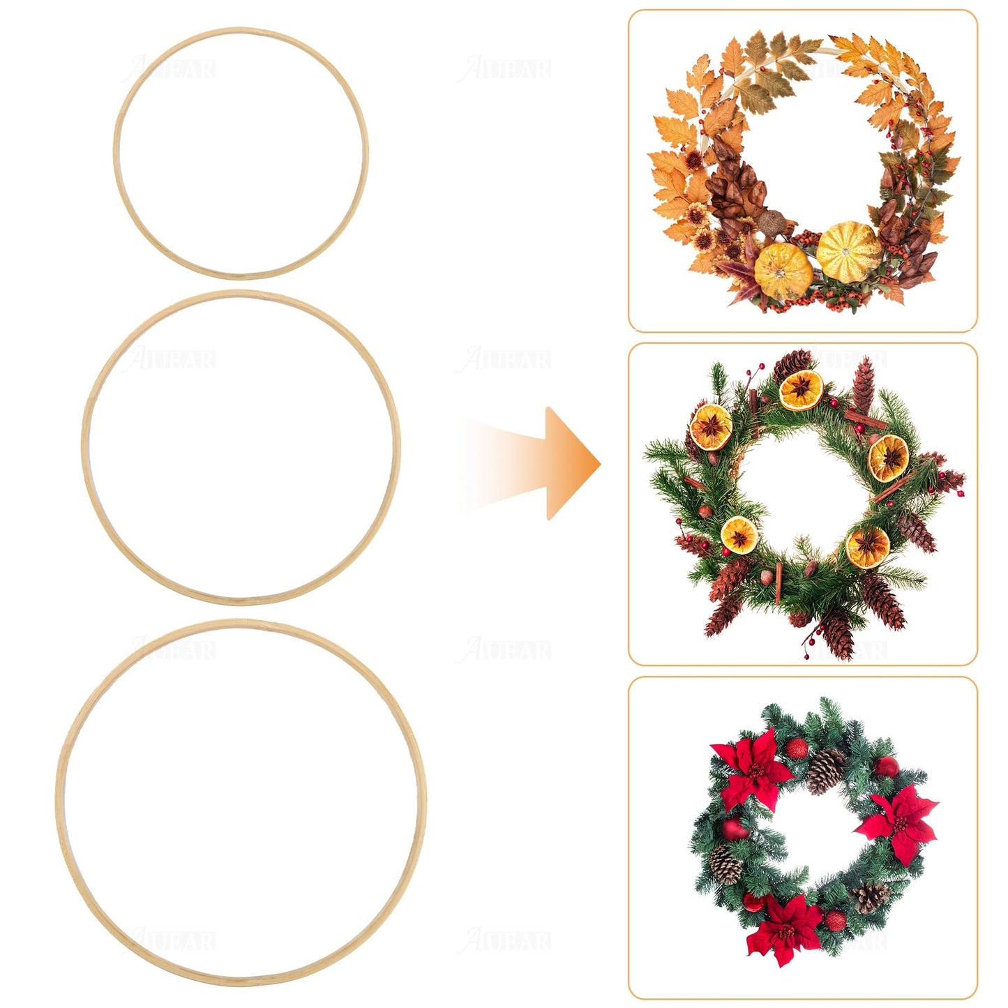AUEAR, 12 Pack Wooden Bamboo Floral Hoop 3 Sizes Macrame Rings Dream Catcher Craft Hoops Ring for DIY Wedding Wreath Wall Hanging Catchers Crafts (8 Inch/10 Inch/12 Inch)