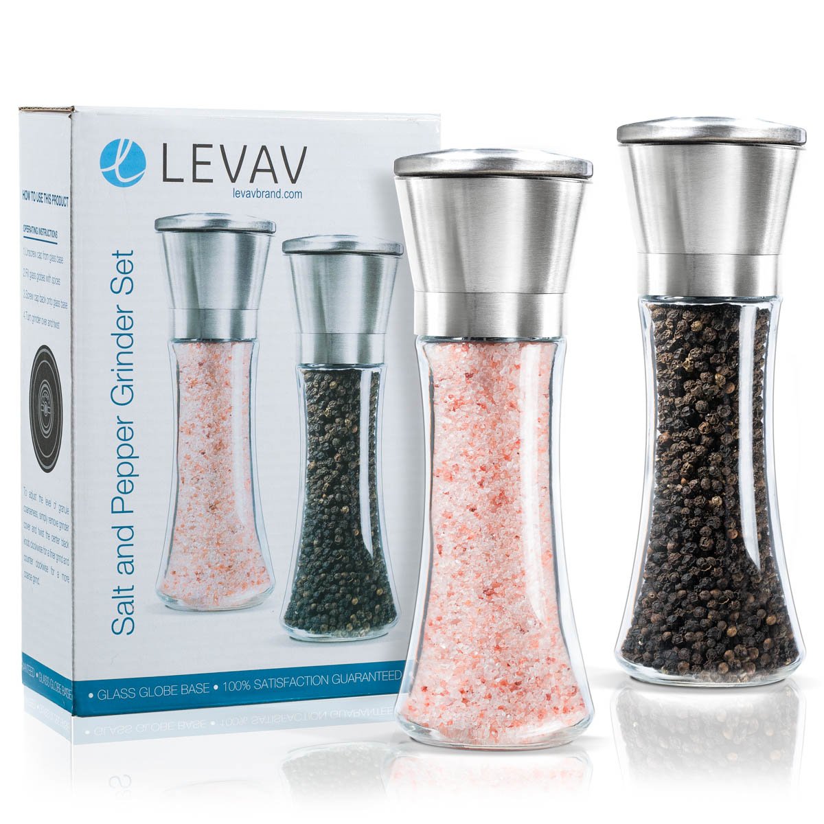 Levav Premium Salt and Pepper Grinder Set of 2- Brushed Stainless Steel Pepper Mill and Salt Mil, Glass Body, Size Grade adjustable ceramic rotor-salt and pepper shakers (tall)