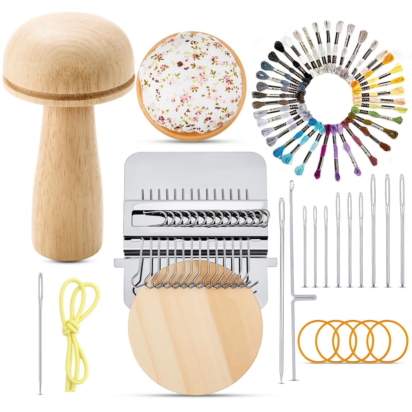 Jexine Mini Darning Mushroom for Socks 14 Hooks Small Speedweve Style Weaving Darning Loom with 9 Pcs Large Eye Needles 50 Colors Thread for Handcraft DIY Weaving Repair Tool