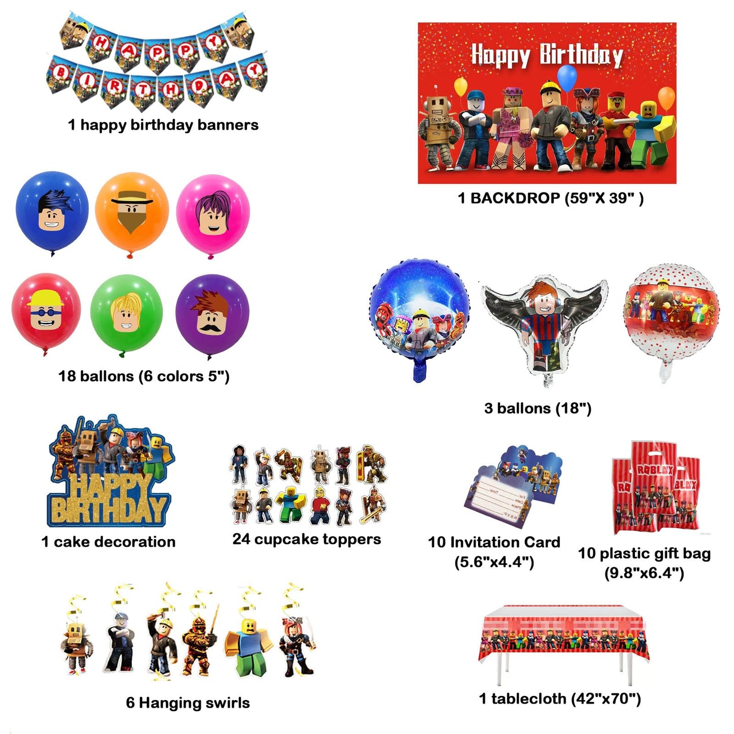 Birthday Decorations Party Supplies, decoracion de fiesta de niño, Happy Birthday Banner, Backdrop, Hanging Swirls, Tablecloth, Cupcake Cake Toppers, Balloons,gift bags,invita card, party pack