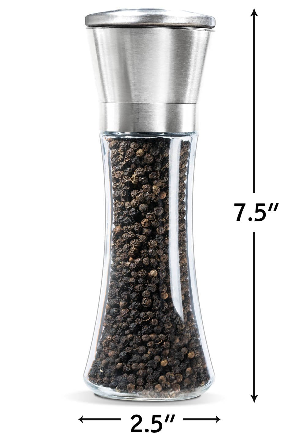 Levav Premium Salt and Pepper Grinder Set of 2- Brushed Stainless Steel Pepper Mill and Salt Mil, Glass Body, Size Grade adjustable ceramic rotor-salt and pepper shakers (tall)