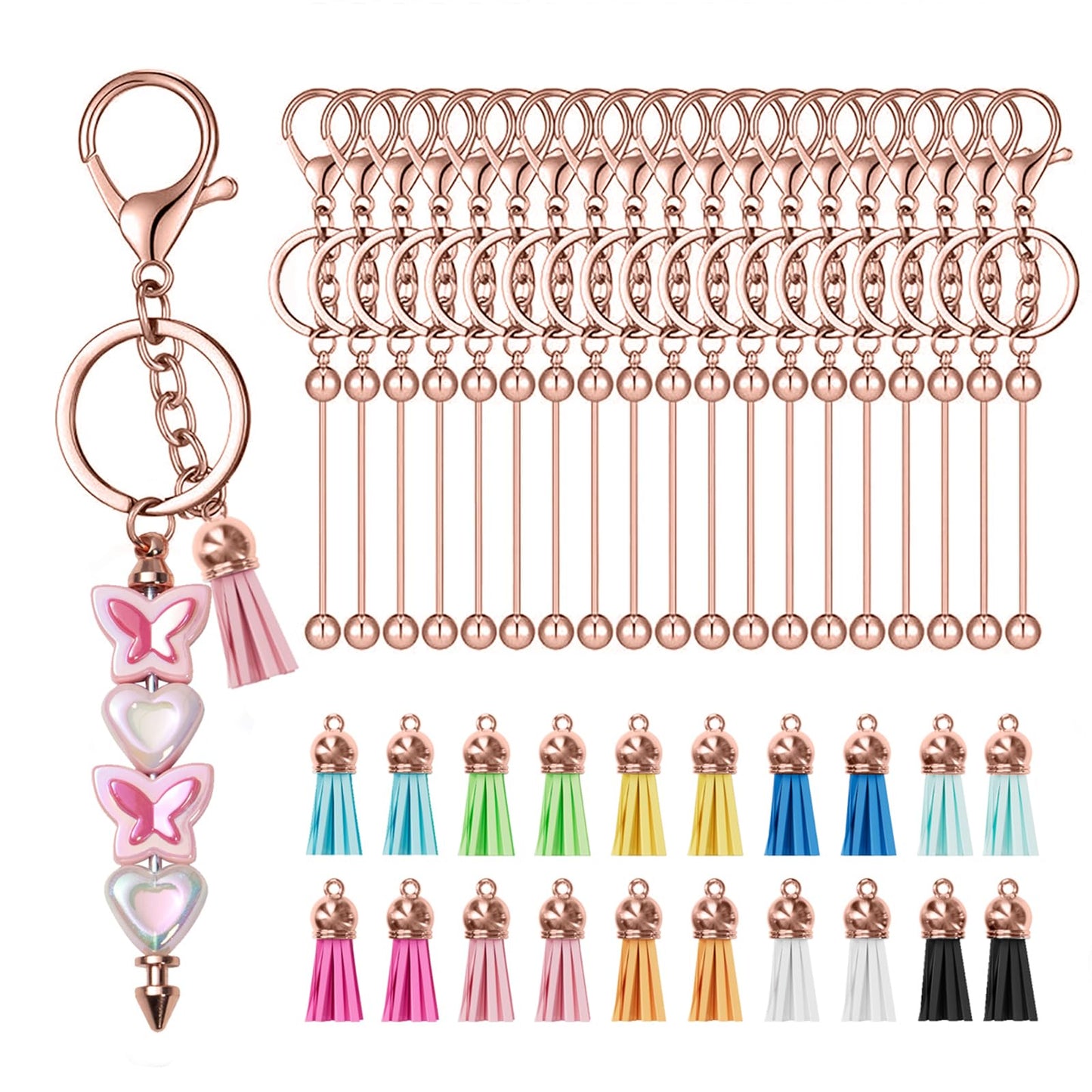 40 Pcs Beadable Keychain Bar, Golden-Pink Beaded Keychain for Pendant DIY and Colorful Leather Tassel Loose, Alloy Keychain Accessories Bulk for Keychain Supplies Jewelry Making Gift (Gold-Pink)