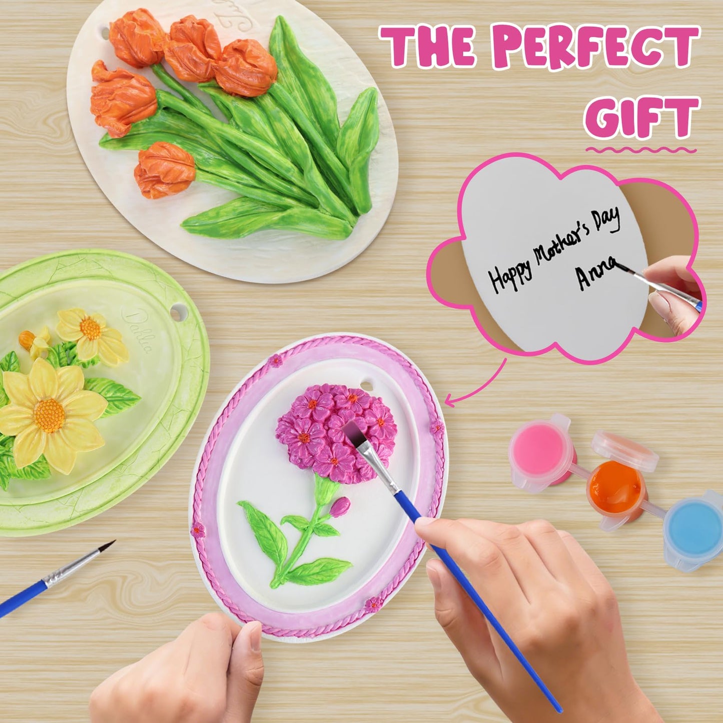 Plaster Painting Kit for Kids & Adults with 3D Ready-to-Paint Ceramic Flowers, 12 Paints, Pearl Stickers & More Bulk Party Favors Birthday Mother’s Day Gifts Home Decor