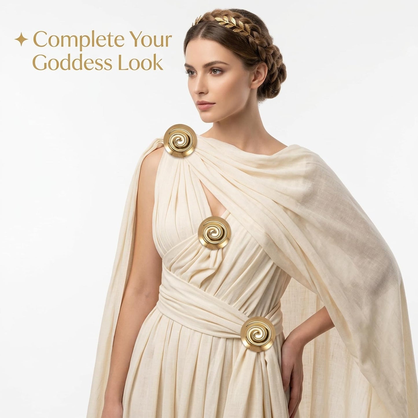 3 Pcs Greek Goddess Costume Brooch Pins Set - Golden Spiral Princess Dress Up Accessories for Women, Roman Toga Party Jewelry & Halloween Cosplay Supplies 2.3 Inch