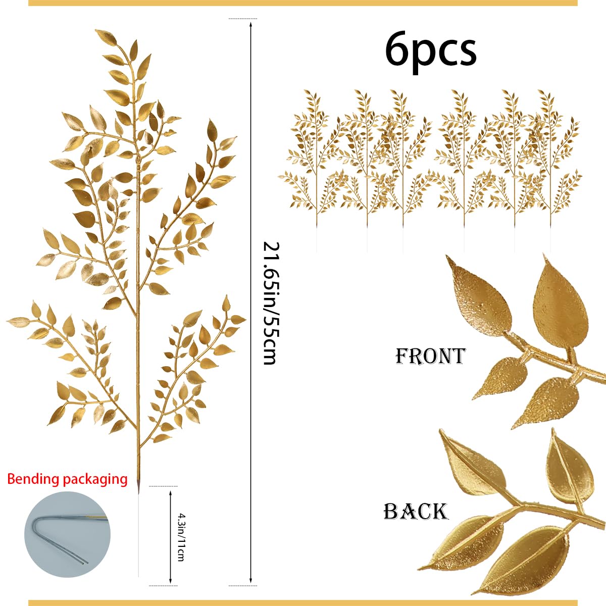 QNUIHYE 6 Pack Fake Leaves Gold Leaf Christmas Decor Gold Decor Ation Artificial Leaves Flower Stems Faux Branches Fake Plants for Vase Wedding Bouquet Leaf Table Centerpiece DIY