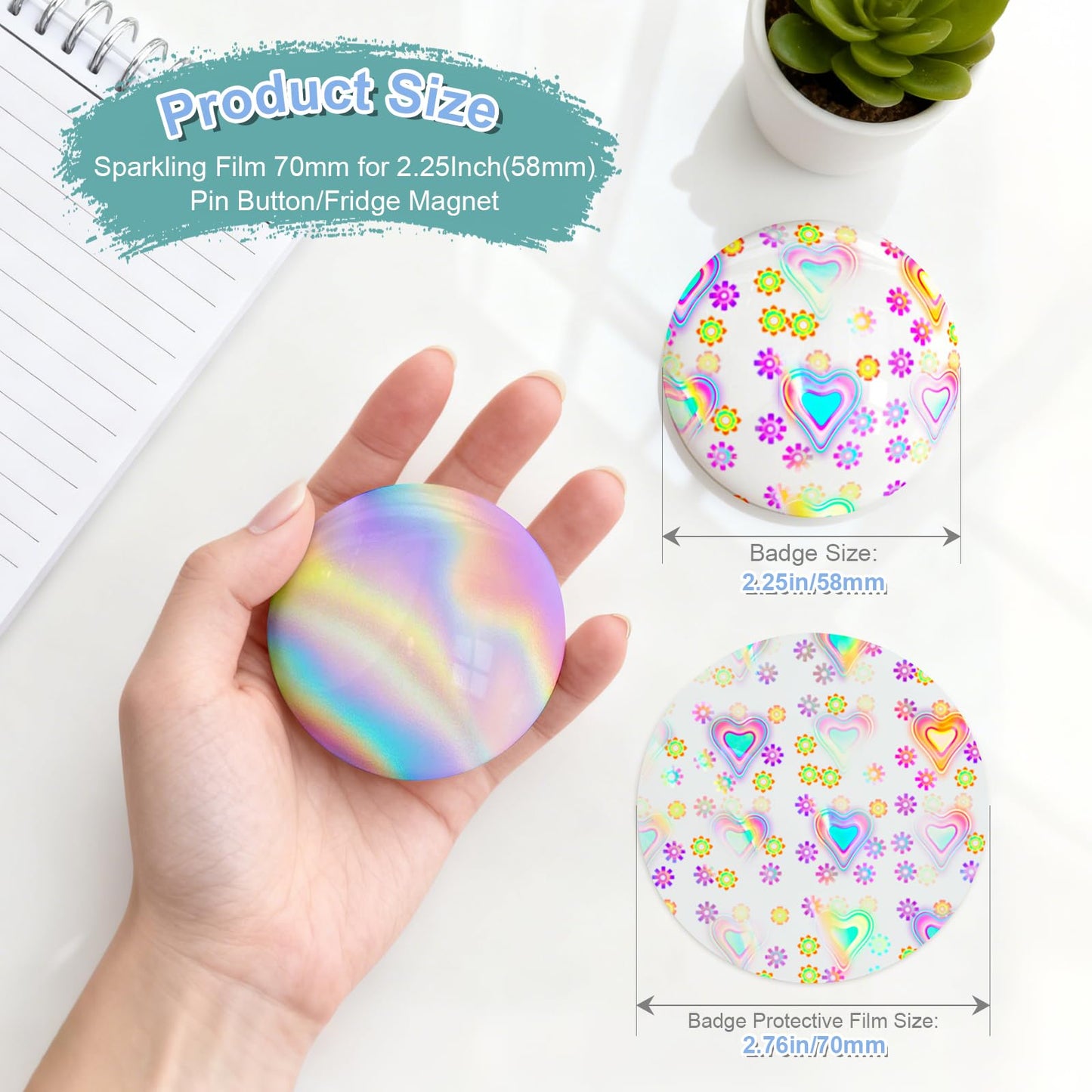 300 Pcs Badge Protective Film, Button Maker Supplies Glittering Film, with 1 Gasket,10 Styles Holographic Glitter Film,1 Style Clear & 1 Style Blank Paper for 2.25 Inch 58mm Button Maker Machine (300)