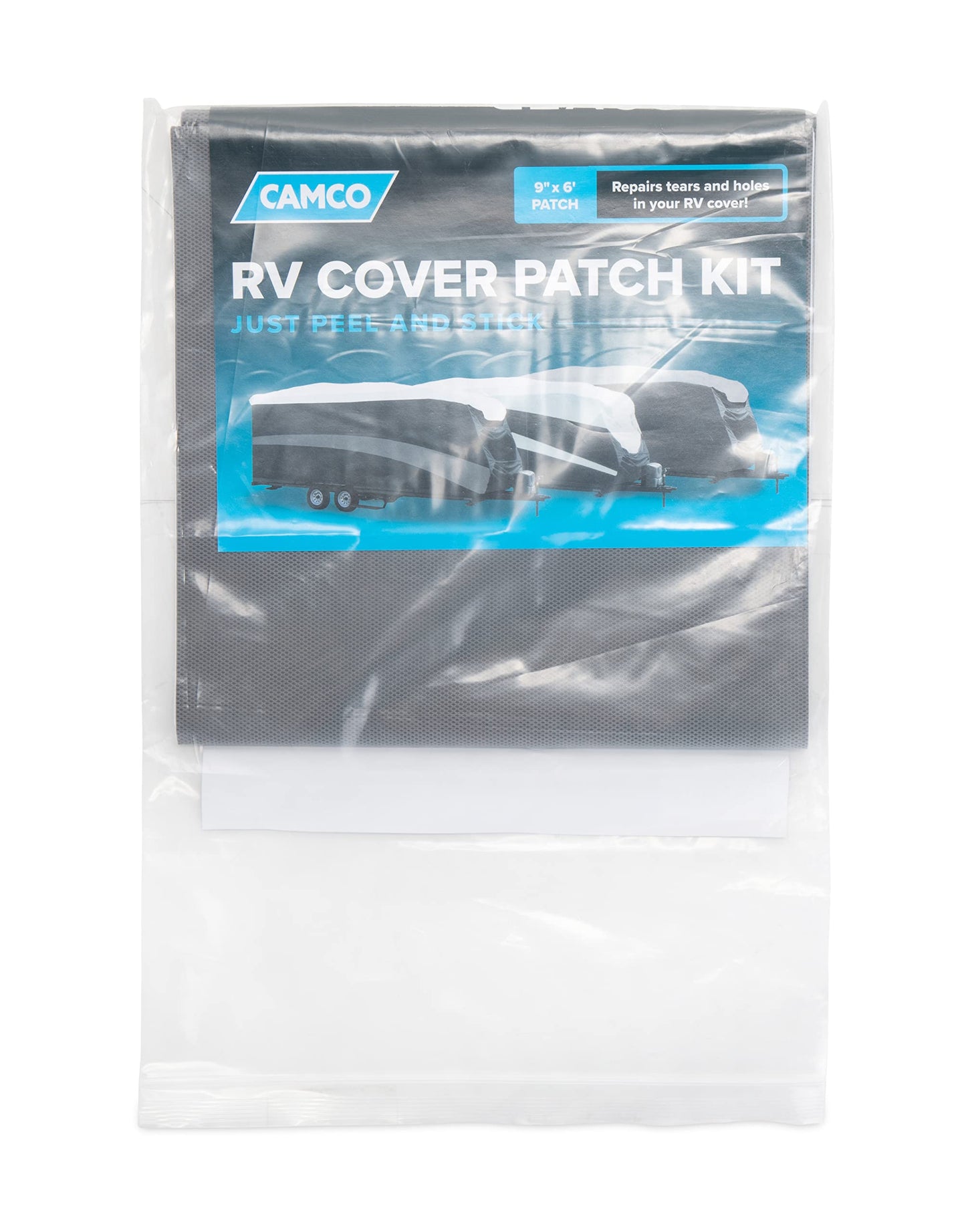 Camco ULTRAGuard Camper & RV Cover Patch Kit - Repairs Holes and Tears in Trailer Cover - Features Easy Peel & Stick Application - 9-Inches x 6-Feet (45795)
