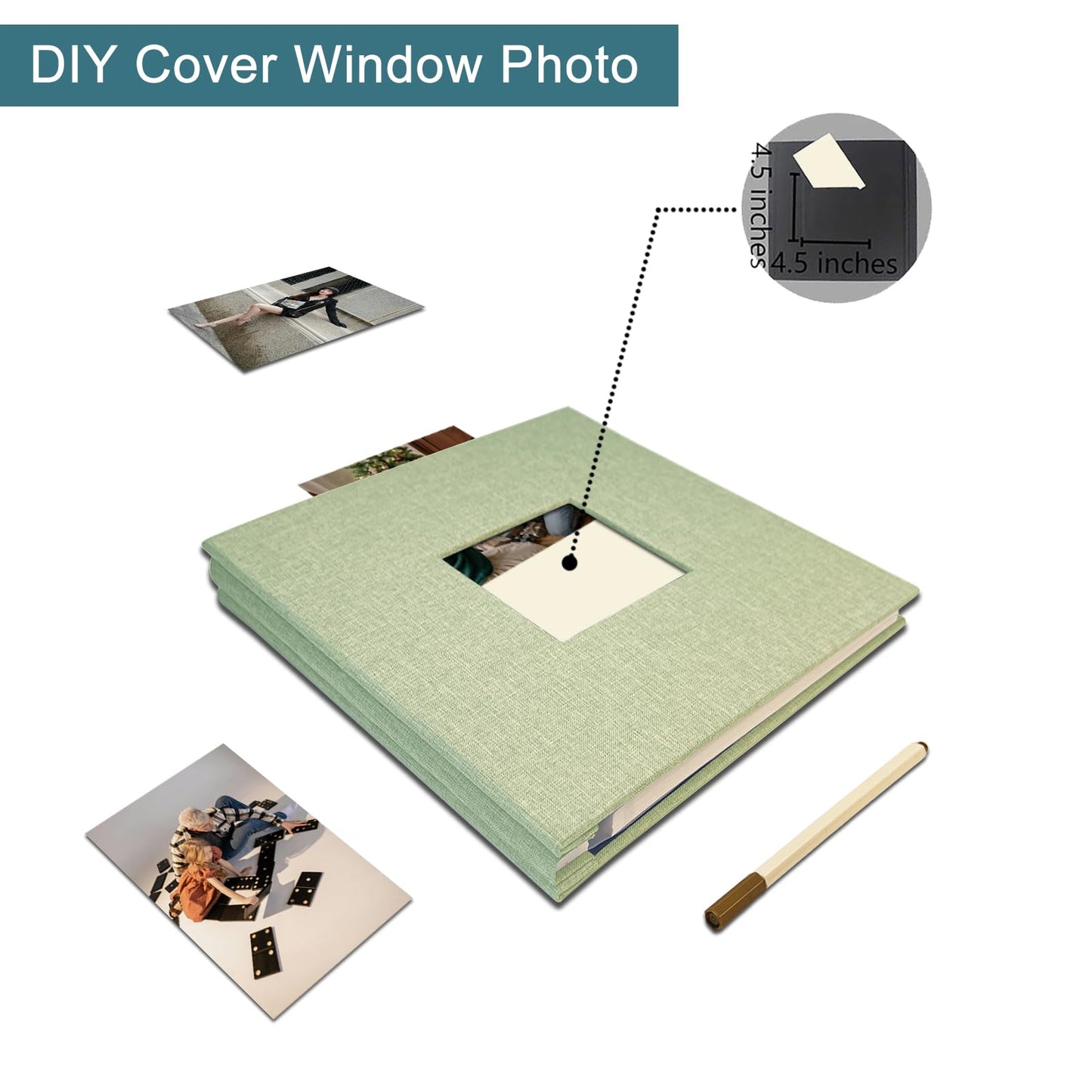 Self Adhesive Scrapbook for Photo Albums 4x6 Pictures, Linen Cover Arch Display Window Scrapbook 40 Blank Pages, DIY Scrapbook Photo with A Metallic Pen, Memory Book for Baby Wedding Anniversary Green