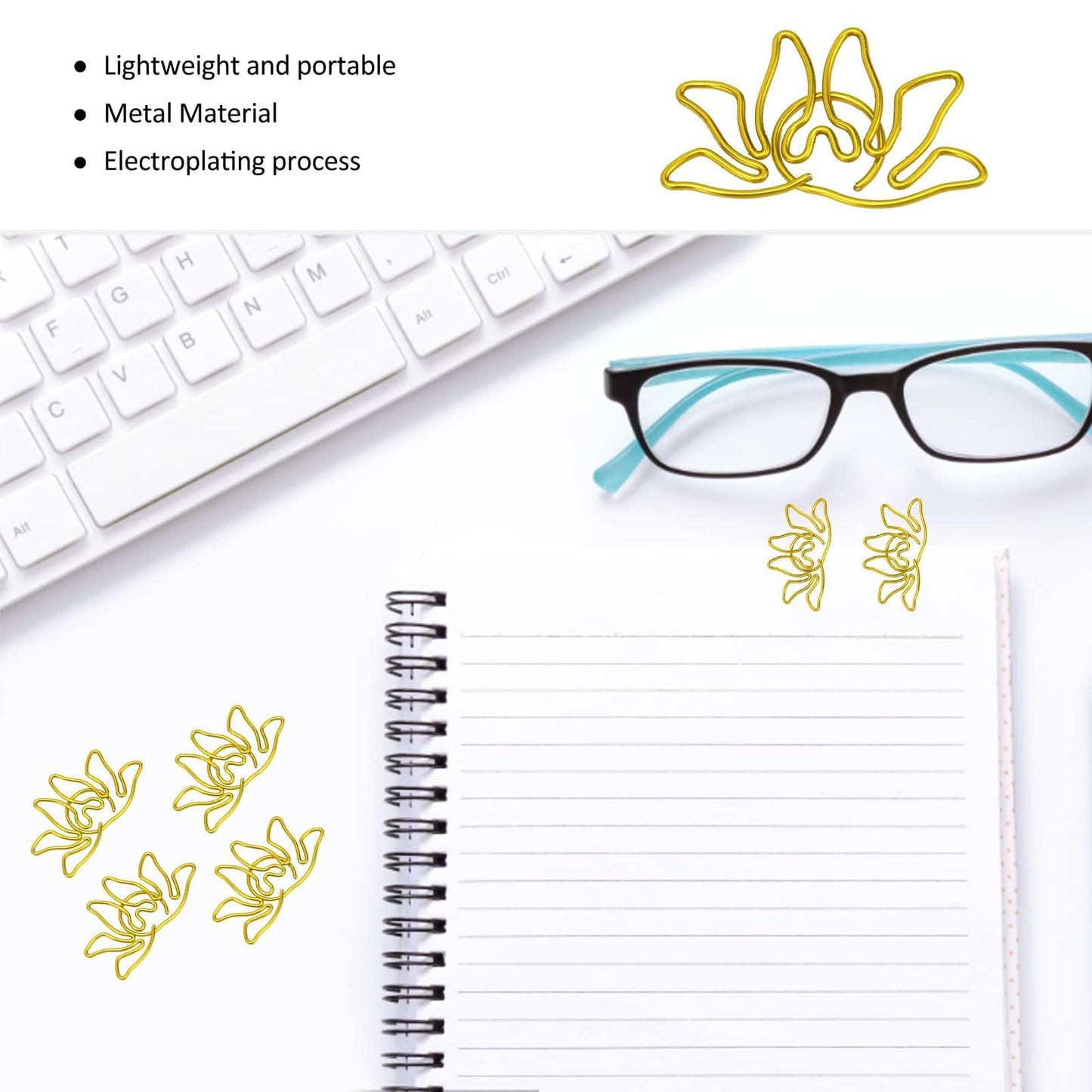 Kukyller 100PCS Small Gold Paper Clips, Small Metal Lotus Flower Shaped Paper Clips Decorative Paperclips Portable Office Supplies for Office School Home Desk Organizers