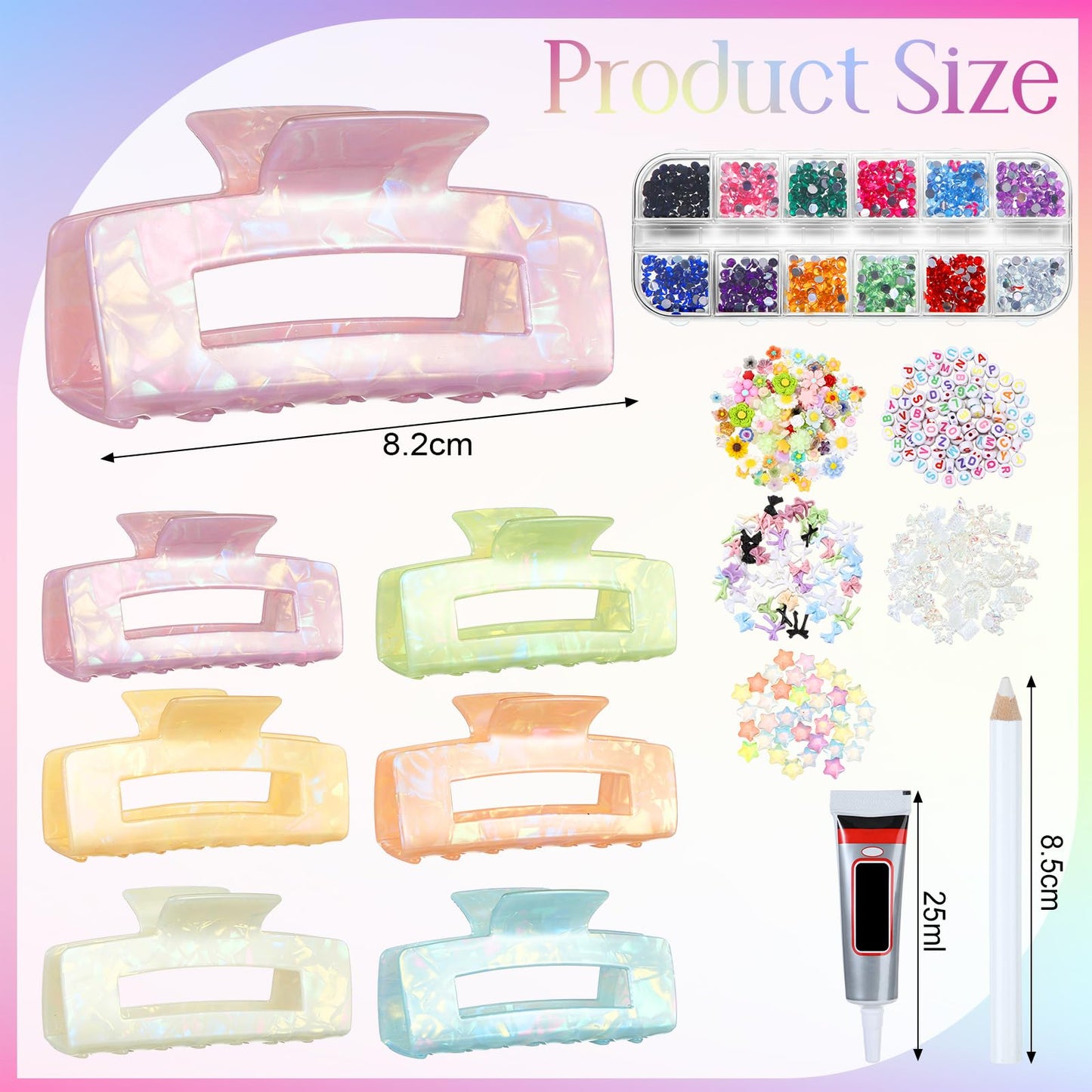 Suncalla 6 Set DIY Hair Claw Clips Kit Acrylic Claw Clip with Resin Rhinestones Pearls Hair Clips with Strong Hold Non-slip Banana Barrettes for Women Party Crafting Night DIY(Rectangle)