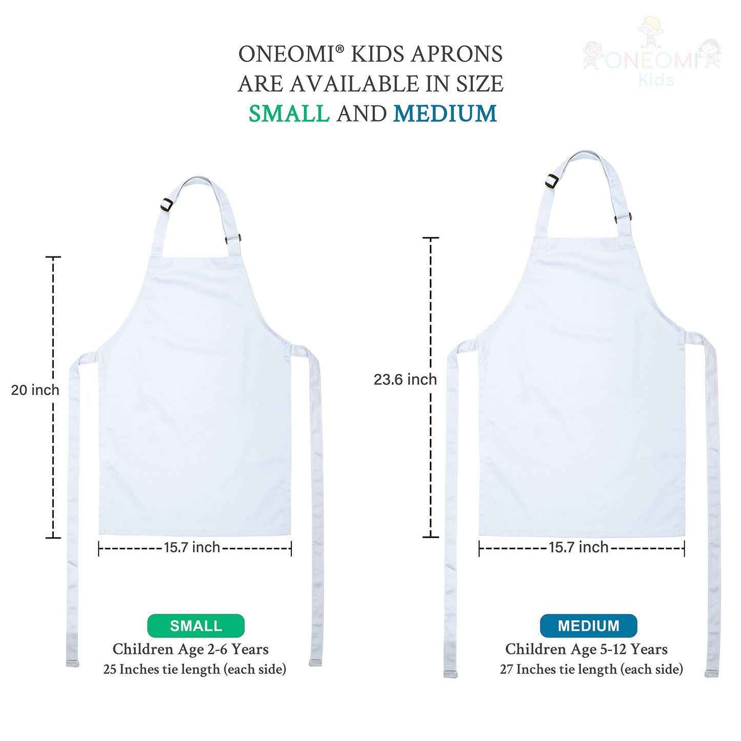 ONEOMI Kids Apron, Small, 100% Cotton with an Adjustable Strap to fit All Ages, Ideal for Cooking, Baking, Painting, Decorating, Party, Chef, Art and Classroom Children Apron (2, White)