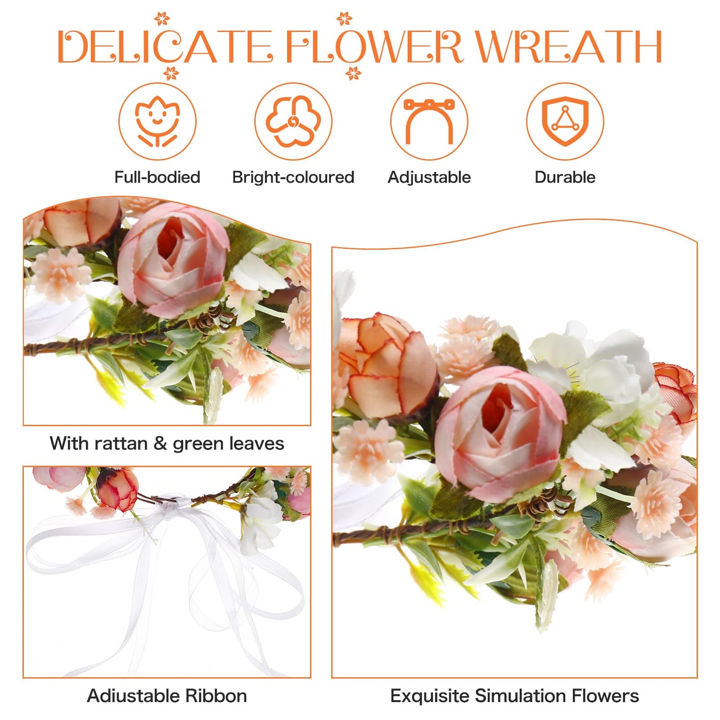 Funsveta Girls Flower Crown Headpiece - Boho Little Wreaths for Weddings, Family Photography (Pink)