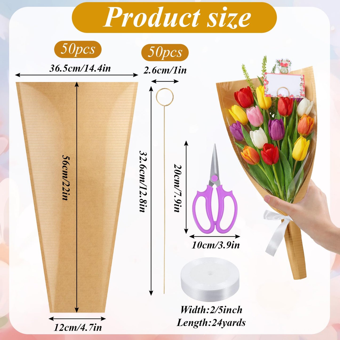 Oqqlin 100 Pcs Flower Bags for Bouquets, 9.4 x 18.1 Inch Flower Packing Paper Sleeves with 50 Floral Card Holders, Ribbons and Scissors Floral Packaging Bags for Florist Wrap Supplies, Graduation