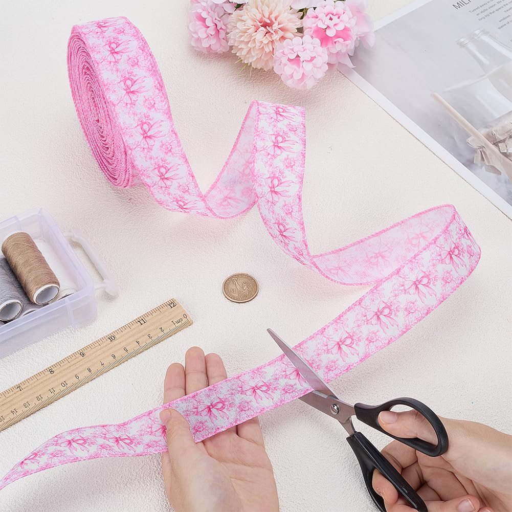 FINGERINSPIRE 16Yards Pink Floral Bow Wired Edge Ribbon 1-1/2 inch Wide Flower Bowknot Fabric Ribbons Pink Bowknot Decorative Webbing Ribbon for DIY Crafts Wreath Bow Making DIY Craft Supplies