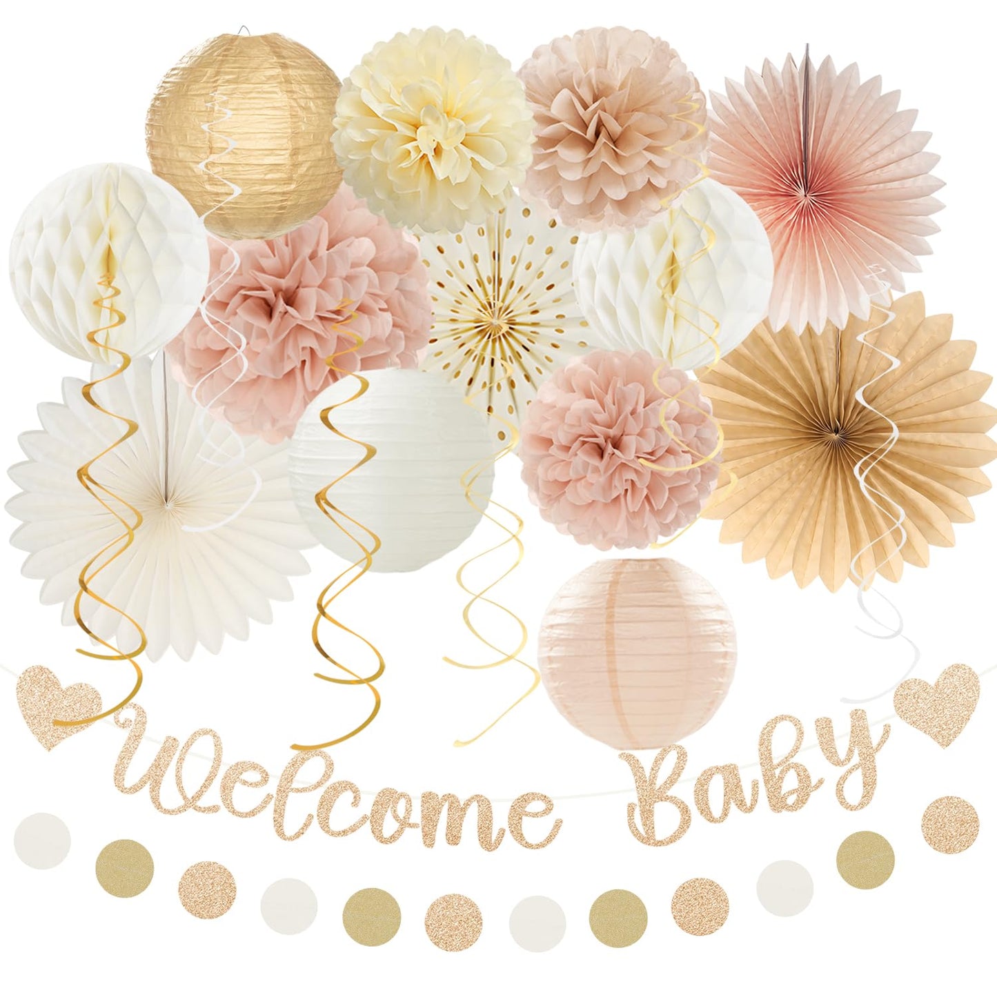 Champagne-Gold Fall Boho Baby Shower Party-Decorations - 21pcs Girls Welcome Baby Banner,Beige One Sweet Peach Paper Lanterns Pom Poms, Neutral Streamers Garland Decor Favors Huglony