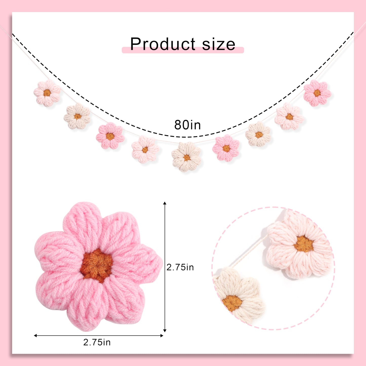 Boho Crochet Daisy Garland - Pink and Beige Yarn Floral Banner for Baby Girl Nursery Decor, Handmade Daisy Garland for Birthday Party, Boho Room Wall Hanging Decoration, Groovy one Birthday Decor