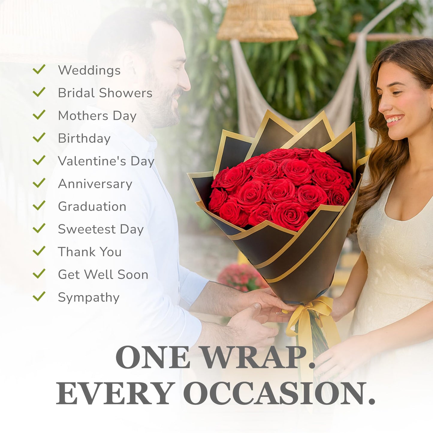 the florist Supply Amour Wrap 12 Pack, Luxury Pre-Assembled Flower Wrapping Paper - Waterproof Floral Bouquet Wrapping Paper with Gold Trim & Satin Ribbon, Black