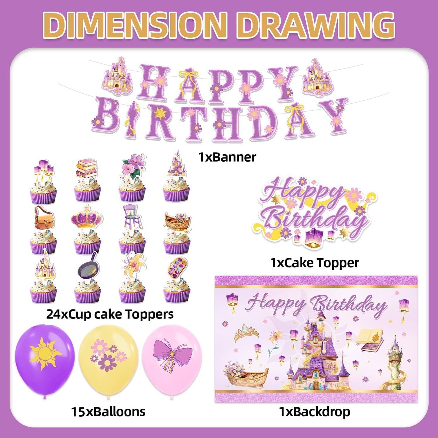 42pcs Purple Castle Birthday Party Decorations Includes Cake Toppers,Cupcake Toppers, Banner, Backdrop, Balloons - Princess Theme Party Supplies Set for Baby Shower