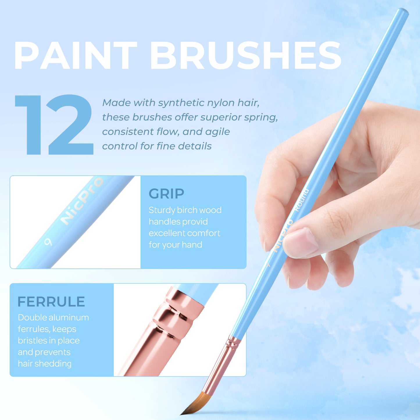 Nicpro 12pcs Artist Paint Brush Set, Aesthetic Pastel Paintbrushes Craft Paint Brushes for Acrylic Painting, Oil, Watercolor, Gouache, Tempera, Face, Body, Art Supplies for Artists and Beginners