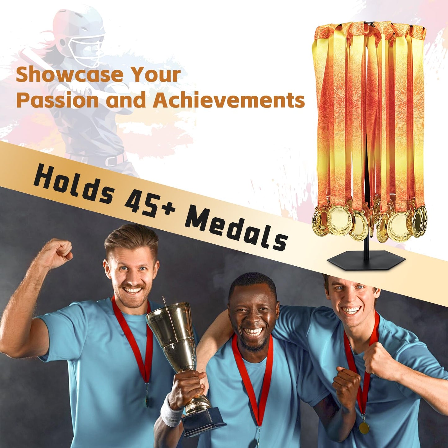 Rotating Medal Hanger Display Stand, Rotatable Medal Holder for Sports Award. Adjustable Metal Rack Perfect for Basketball, Running, Gymnastics, Soccer Race Medals. Showcase 45+ Medals on Table top!