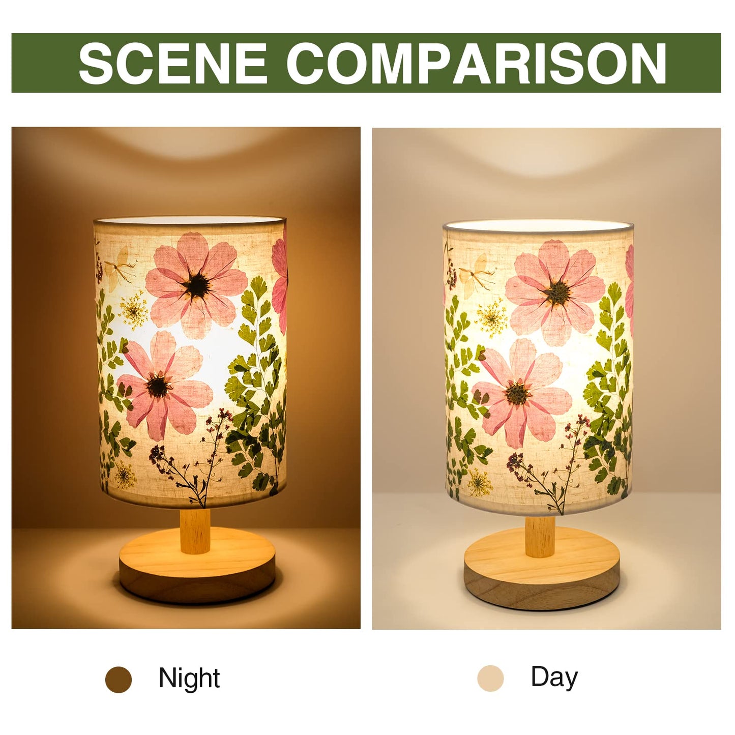 Floresita Dried Flowers Small Table Lamp 5W LED 3-Color Bedside Lamp Pressed Flowers Lampshade with Wood Base for Bedroom Living Room Desk Nursery