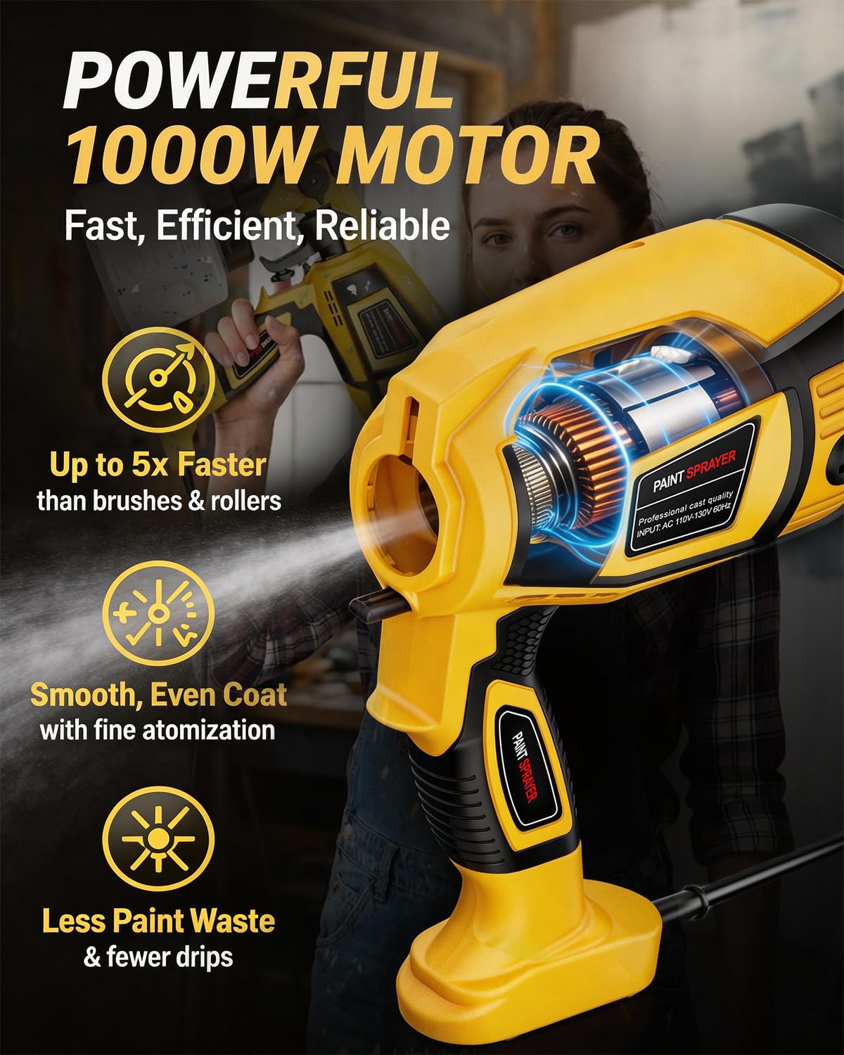 Paint Sprayer Indoor Outdoor, 1000W Electric Handheld HVLP Spray Paint Gun with 3 Patterns 6 Nozzles, Easy to Clean & Use, Stain Sprayer for House Painting, Furniture, Cabinets, Walls, Doors, Fences