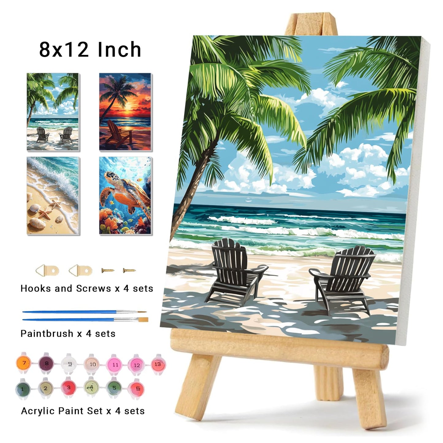 4 Pack Framed Paint by Numbers Kit for Adults Beginner Canvas Painting by Numbers for Adults Beach Easy Adult Paint by Number Kits with Frame Sea Turtle Watercolor Painting by Number 8x12 Inch