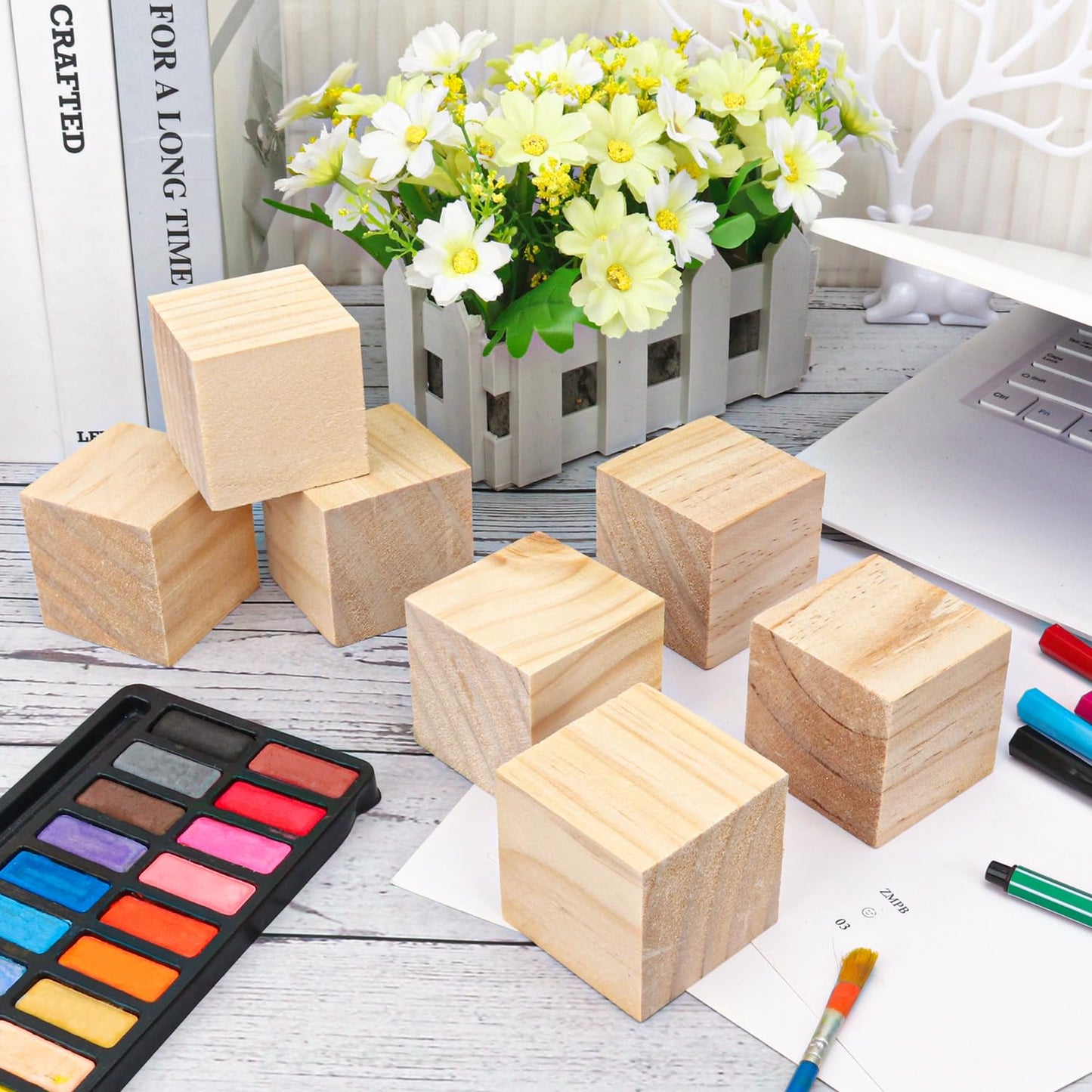 kukmakri 52 PCS Premium 2 Inch Wooden Cubes, Natural Pine Wood Cubes for Crafts, Wood Blocks Ready for Artistic DIY Projects-Unleash Creativity with Blank Wood Blocks