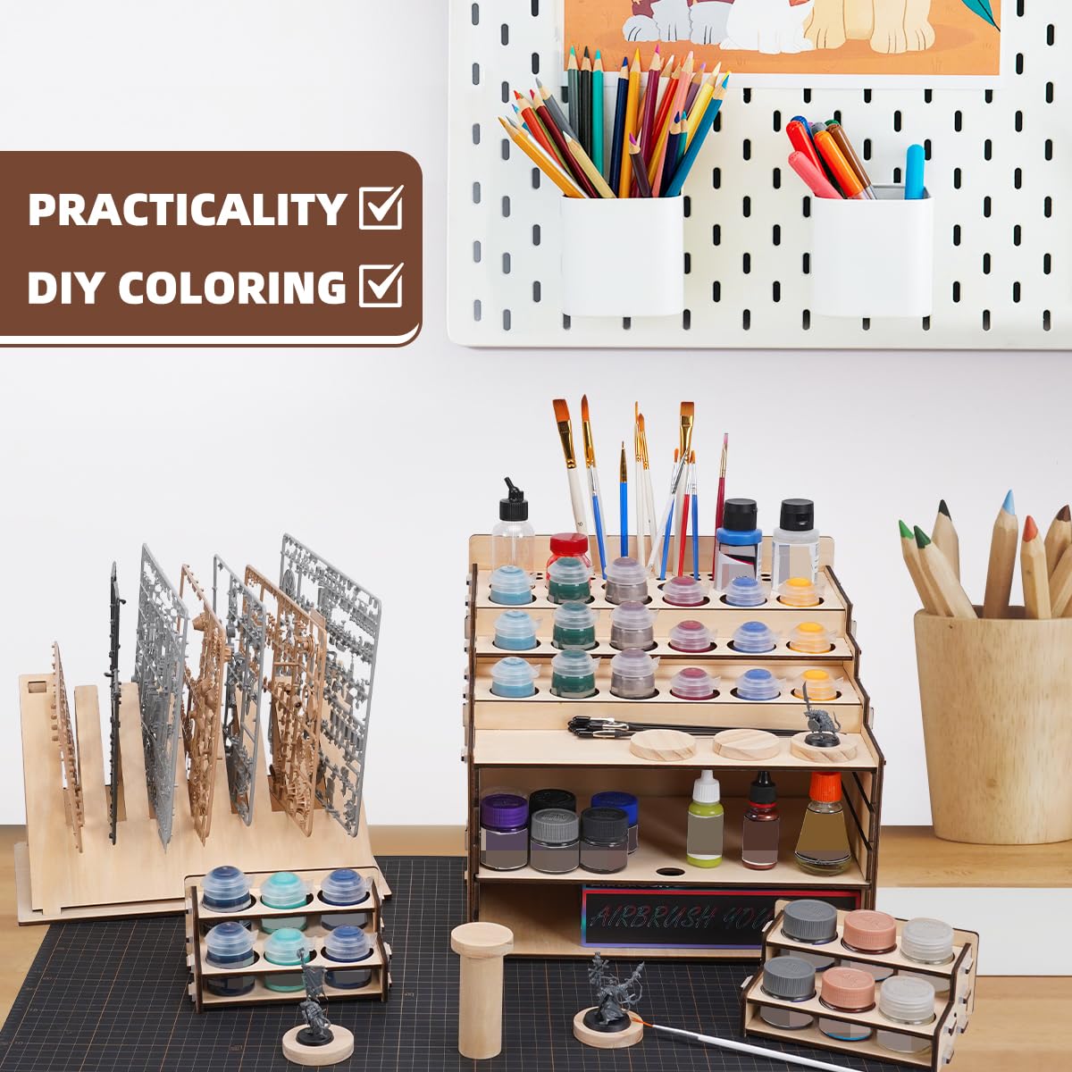 T TOGUSH Model Paint Holder with Adjustable Storage, Wooden Miniature Model Paints Organizer for 36 Paint Holes and 36 Holes of Painting Brushes wtih Model Pieces Shelf