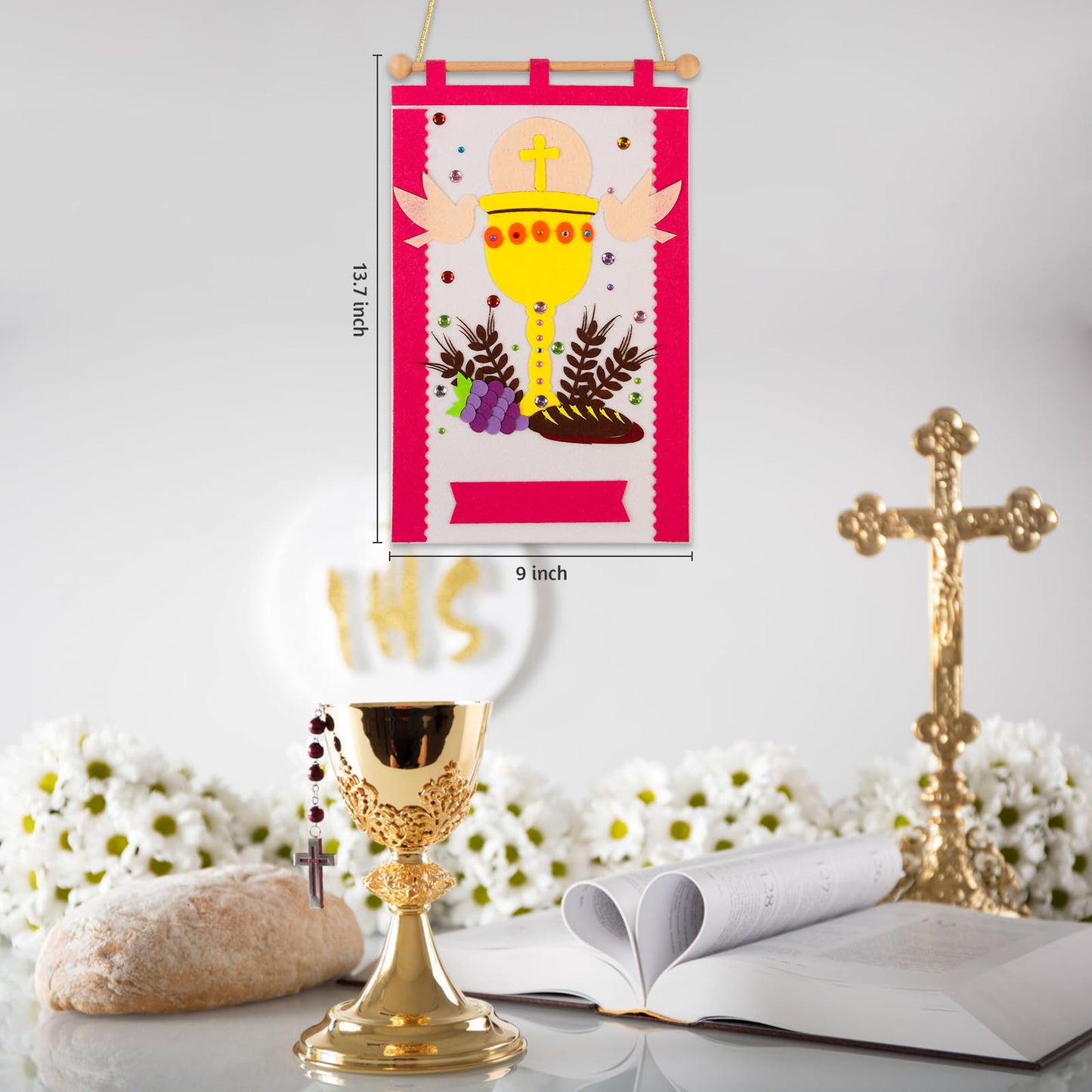First Communion Banner Kit Girls 9 x 14 Inch First Holy Communion Banner kits Sunday School DIY Arts and Crafts kit for kids First Communion Gifts for Girls or Boys (Pink)