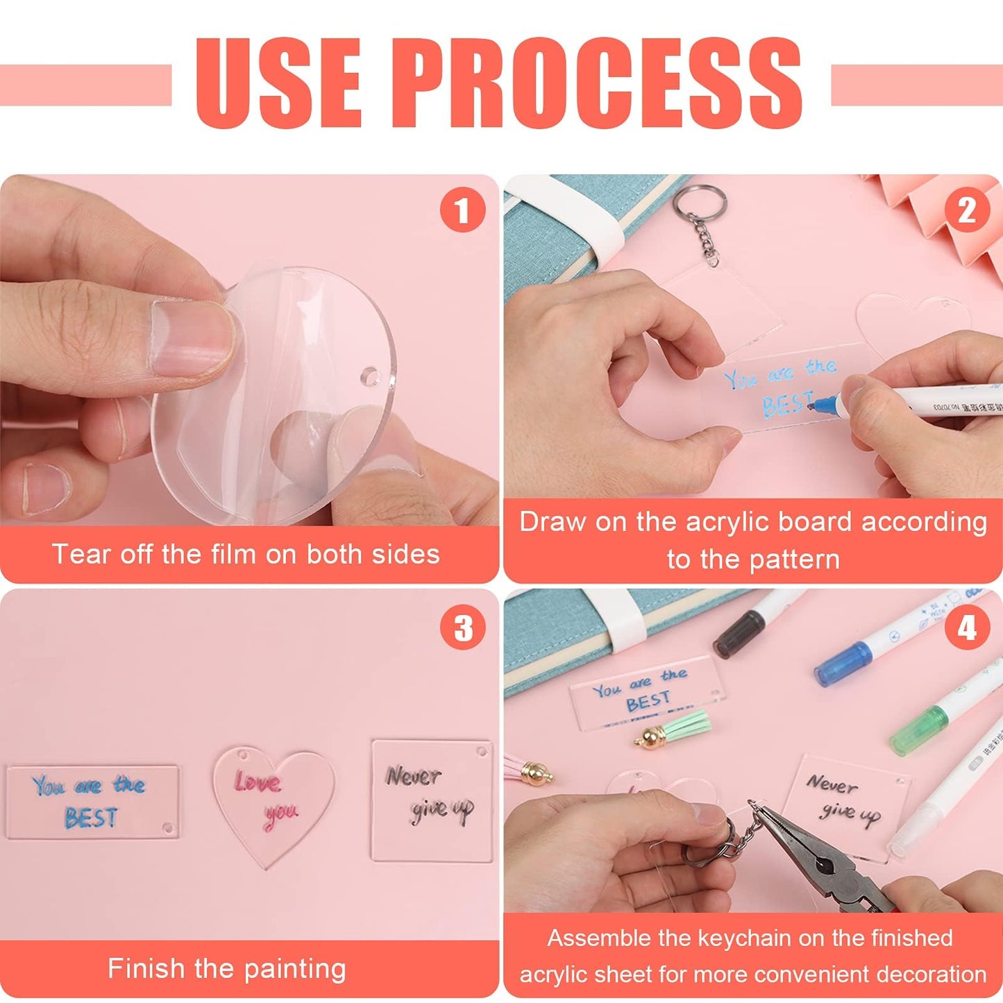 PINKXHY 200 Pieces Acrylic Keychain Blanks Transparent Pendants in Circle Heart Square Rectangle Hexagon Shapes for DIY Crafts Projects