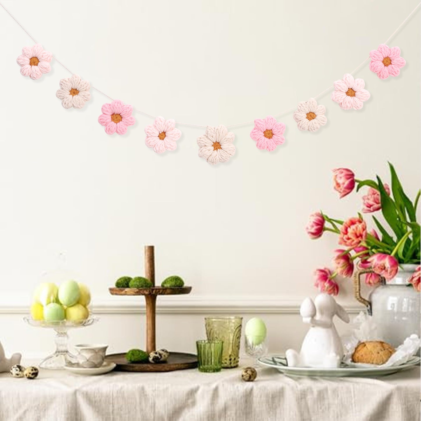Boho Crochet Daisy Garland - Pink and Beige Yarn Floral Banner for Baby Girl Nursery Decor, Handmade Daisy Garland for Birthday Party, Boho Room Wall Hanging Decoration, Groovy one Birthday Decor