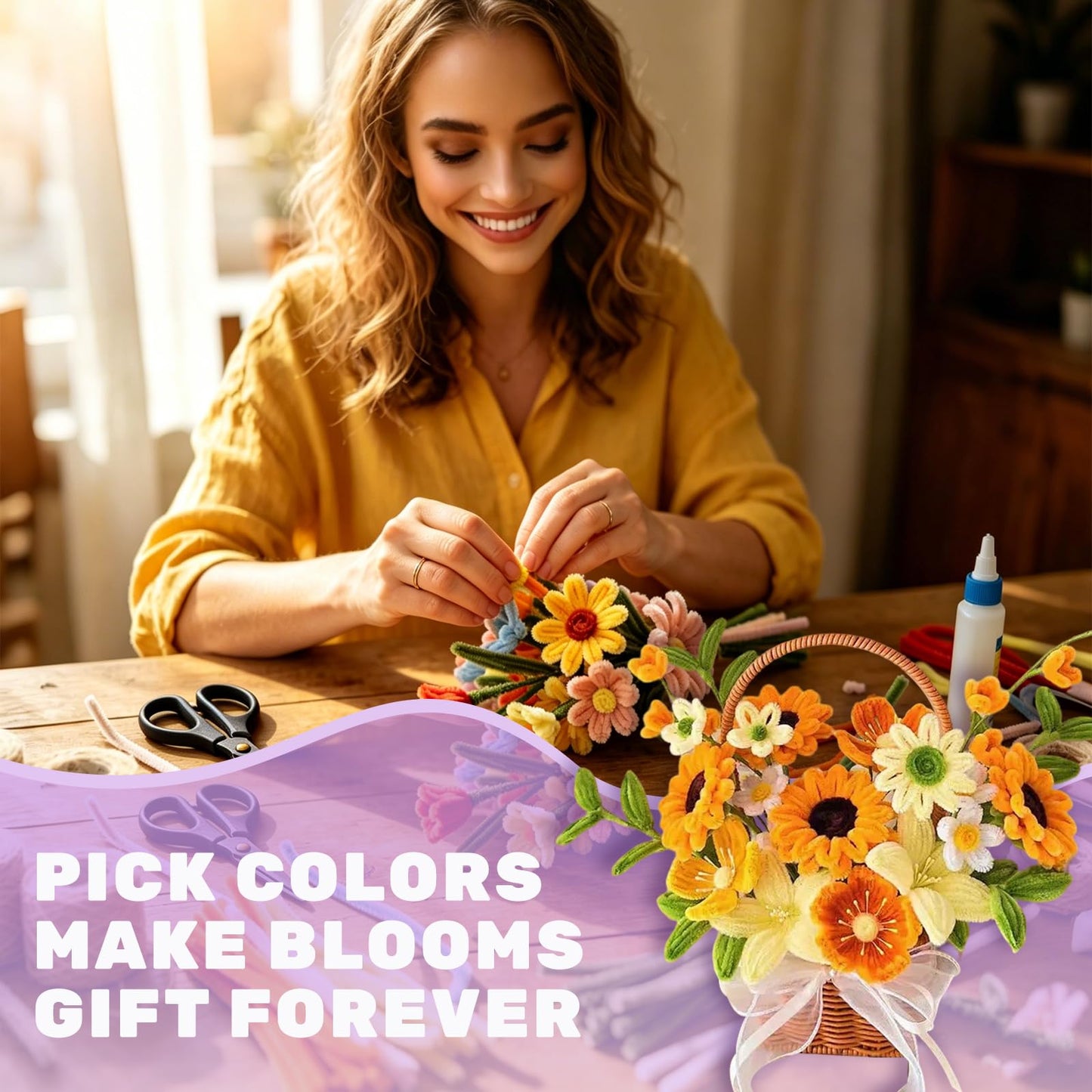 1200PCS Pipe Cleaners Craft, Pipe Cleaner Flower Kit with Instruction, 14 Colors Chenille Stems Flower Making Kit with Stamen, Tape, Floral Wrapping Paper and Ribbon for Arts DIY Craft Supplies ﻿