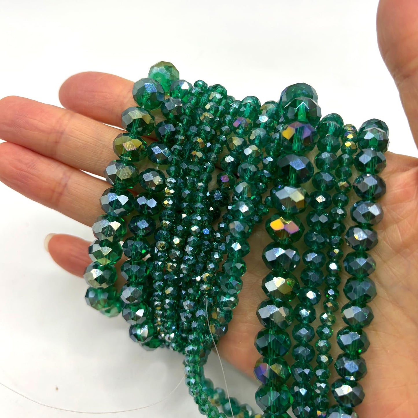 CrzBeadss 780Pcs Briolette Glass Beads for Jewelry Making, 3/4/6/8/10mm Faceted Crystal Loose Beads Bulk for Bracelets, Earrings, Wind Chimes, Suncatcher, Curtains, Peacock Green AB Color