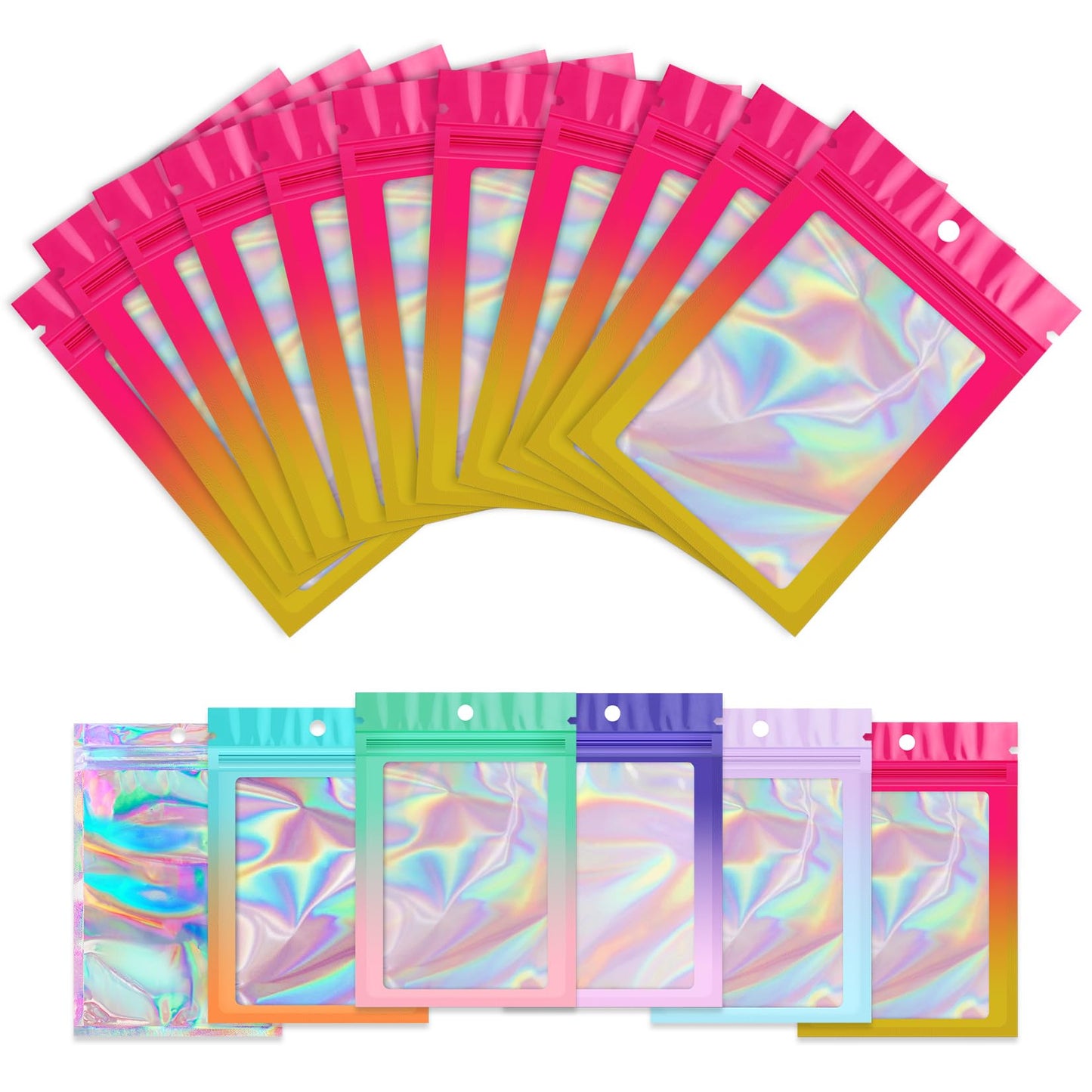 Funfery 100 Pack Gradient Holographic Bags,Mylar Resealable Bags with Zipper,Clear Window Packaging Pouchs,Smell Proof Foil Bag for Food Storage,Sample Jewelry Baggies(4×6In,Hot Pink Orange)