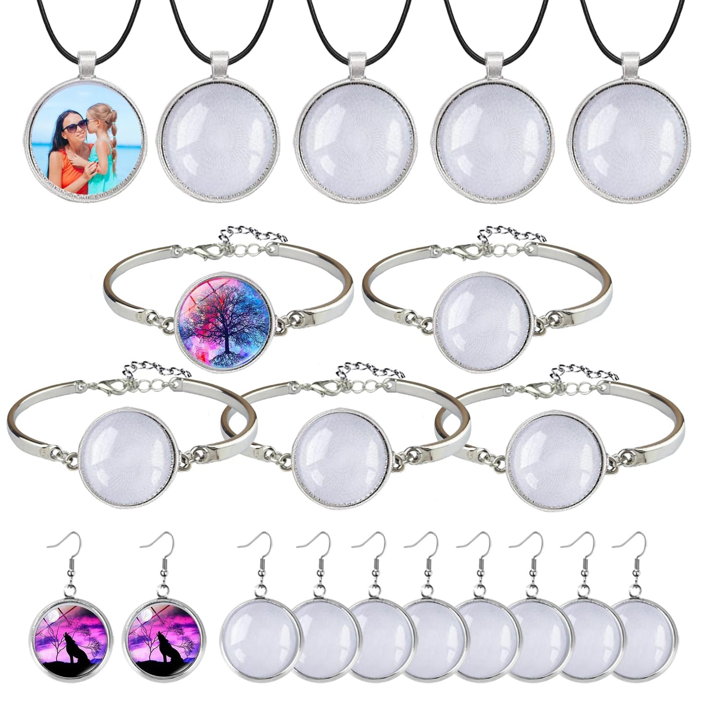 J6QIHANG Pendant Trays Set with Cabochon Glass, Round Pendant Bezel Blank Trays, Bracelet Bangles Earrings Hooks Blanks for DIY Photo Cameo Jewelry Crfats Making