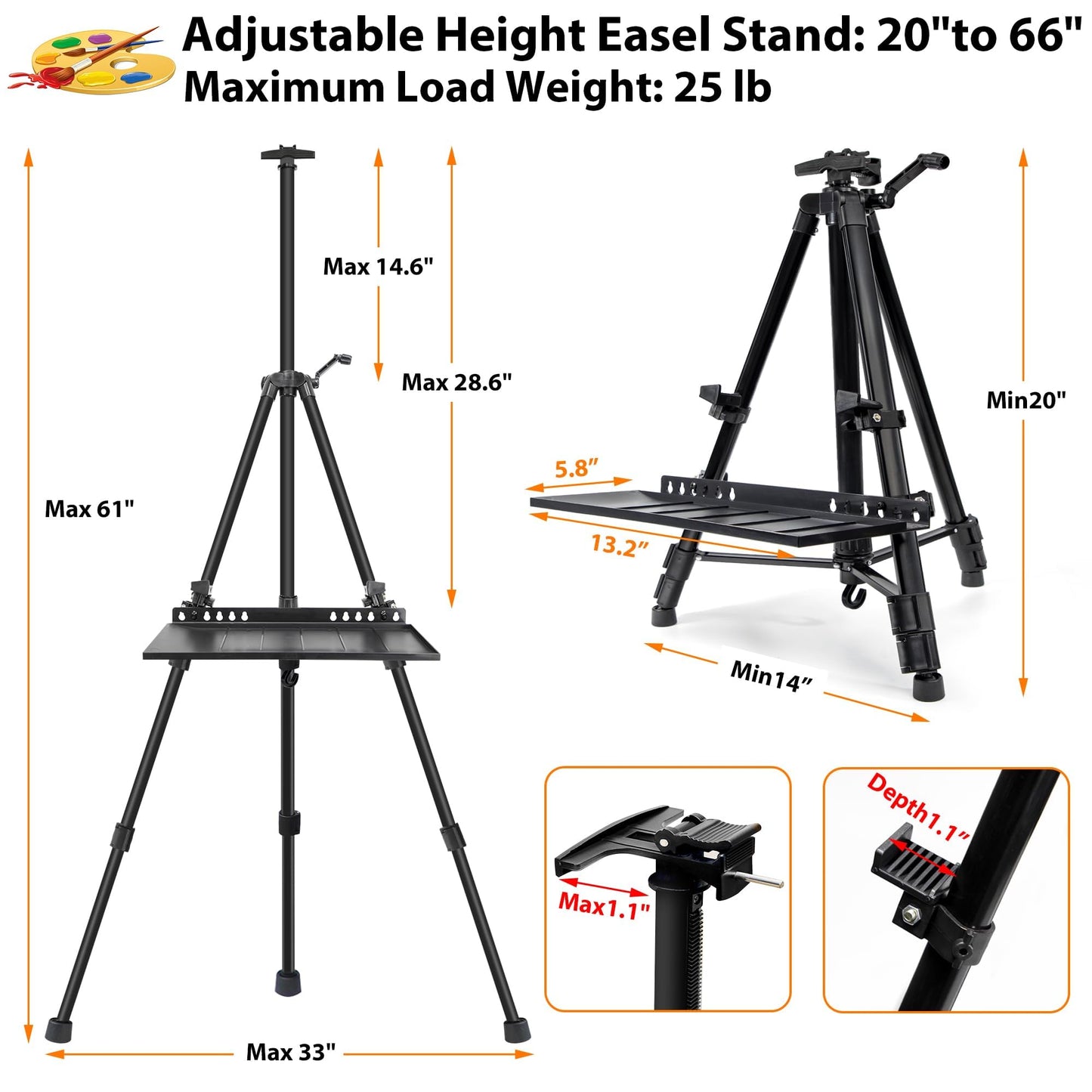 VAIIGO Easel Stand for Painting Artist Easel Stand Adjustable Height 20" to 61" Metal Tripod Art Easels Stand for Painting Canvases Tabletop Floor Art Easel Stand with Tray, Bag, Folding Keg, Black