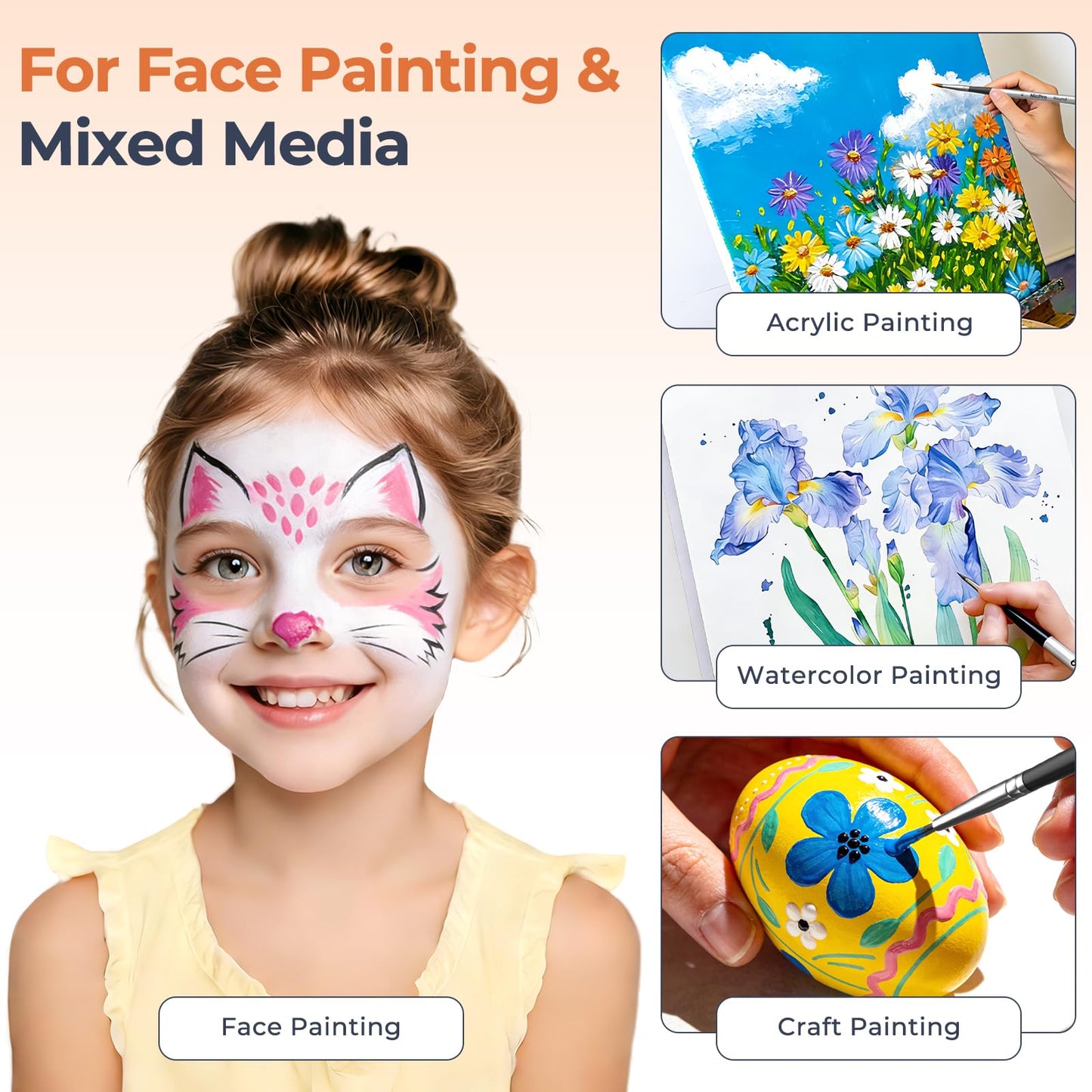 Nicpro 12pcs Face Paint Brushes Set with 9 Sponges Set, Professional Paint Brushes for Face Painting, Body Makeup, Acrylic Watercolor Oil Halloween Cosplay Party, Portable Storage Case Included
