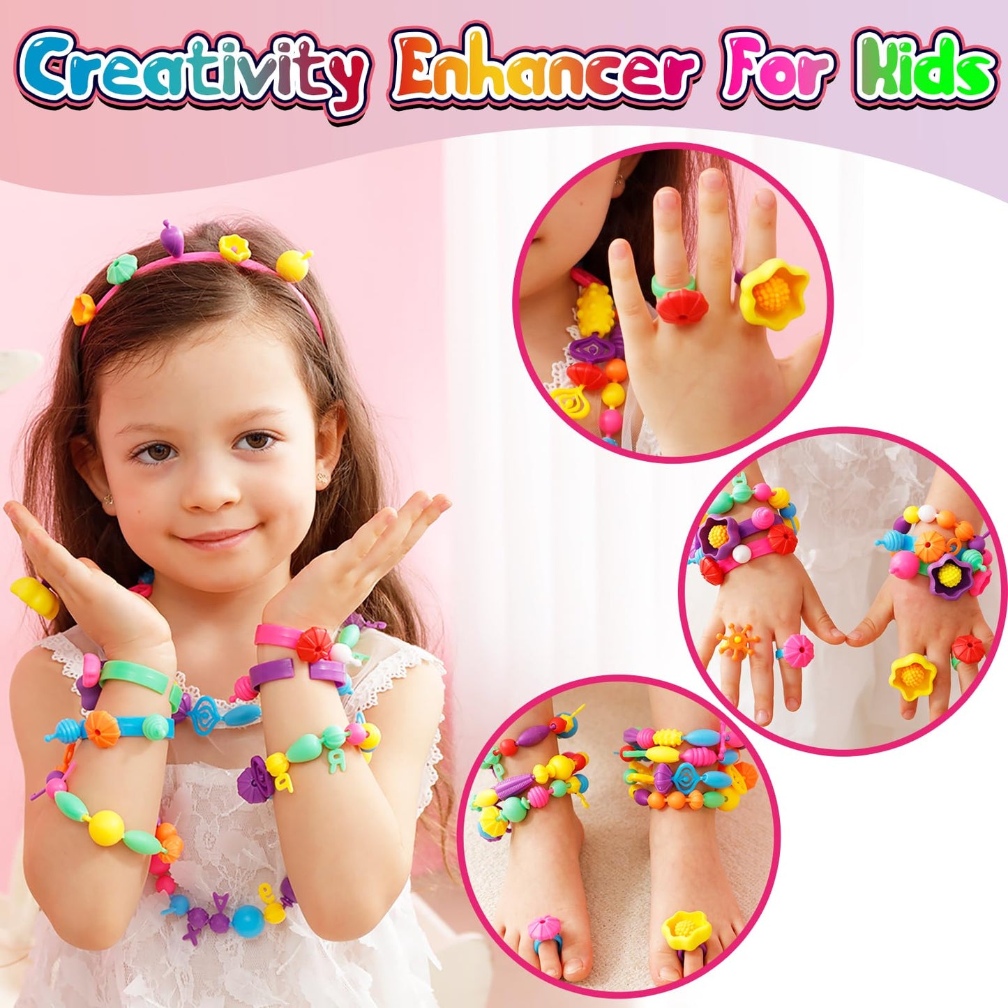 FUNZBO 520+ Snap Pop Beads - Jewelry Making Beads Charms Style Craft Kit, Arts and Crafts for Kids Ages 4-8, Toys for 3 4 5 6 7 Years Old Girls Birthday Gifts Ideas, Bracelet Necklace Ring for Girls